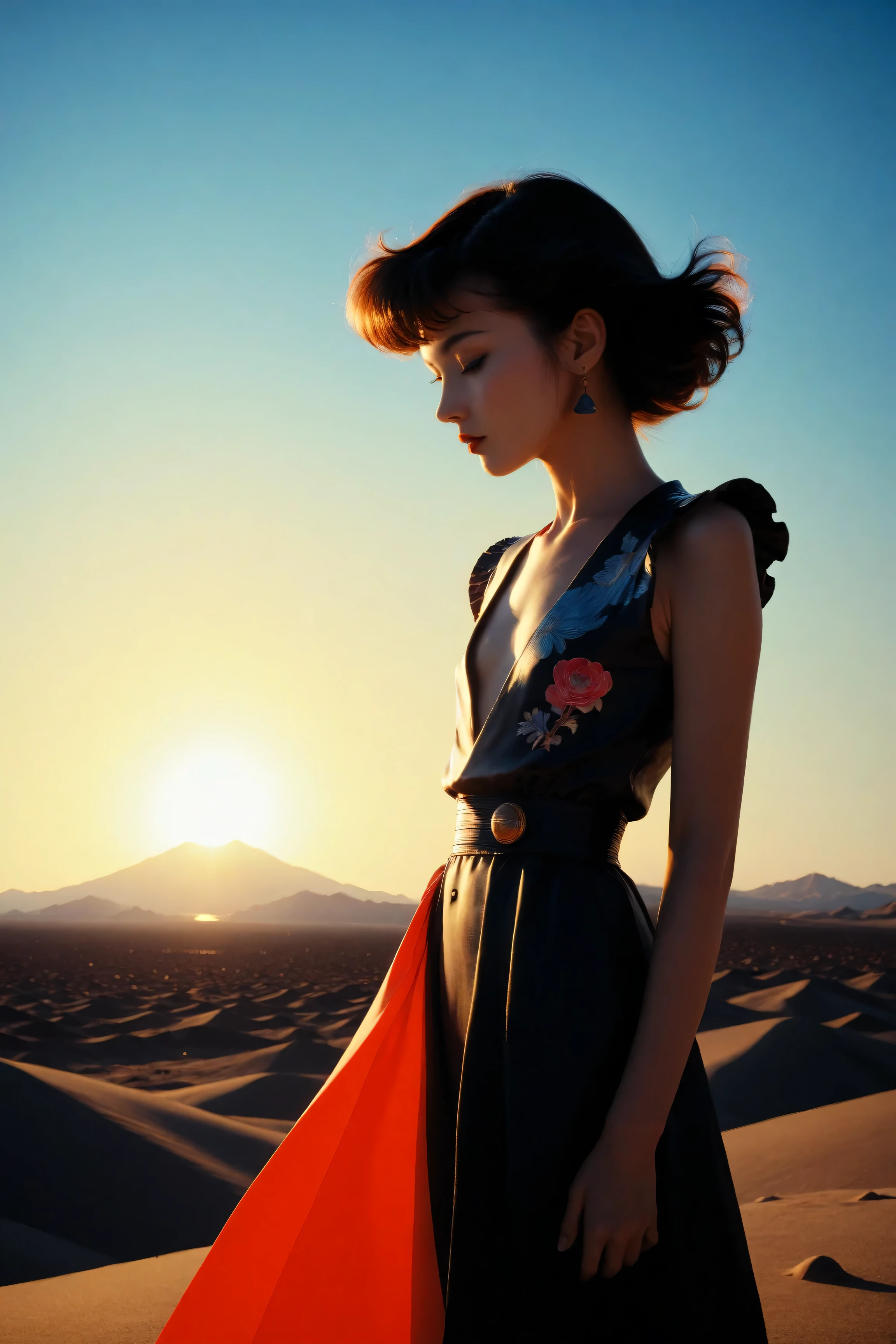 ((best quality)), ((masterpiece)), (detailed), perfect face, surreal, in the illustrative style of moebius, spaceships, aliens, fantasy, sci-fi, graphic novel, line drawing, ((japanese retro)), small breasts, slender, cleavage, SYNTHWAVE STYLE DESIGN VIBRANT COLORS, young japanese girl, 60s retro, film noir, desert, horizon, art nouveau,