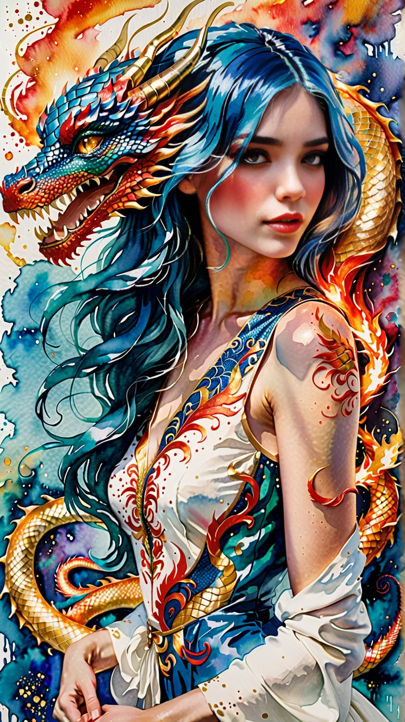 A beautiful young woman with blue hair, dressed in a white, red and blue outfit with floral embroidery. Her clothes blend seamlessly into vibrant watercolor splashes of blue, red, and orange. Surrounding her is a majestic, serpentine dragon with glowing eyes and shimmering scales, breathing fire that merges with the watercolor background. The dragon's fierce yet elegant form coils around her, creating a dynamic and visually striking composition, blending fantasy and watercolor art style."