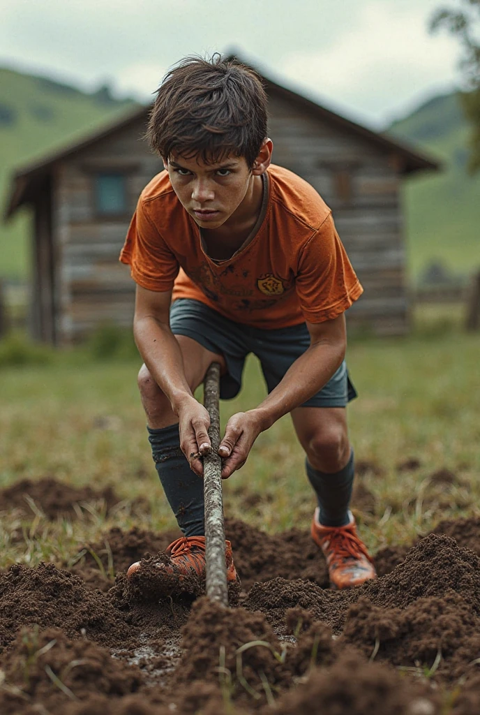 Teen in white polo tucked in black pants crawling in mud 