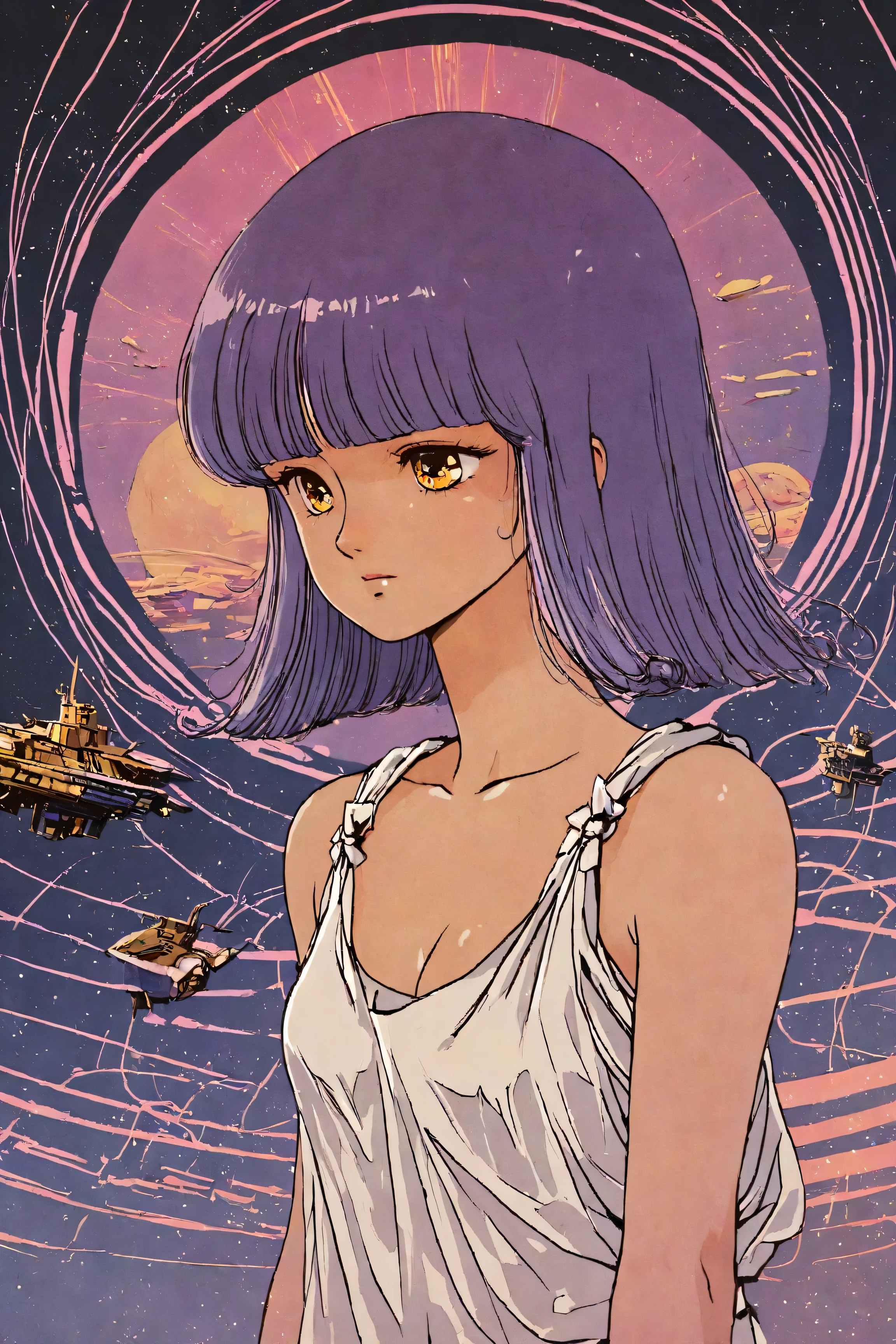 ((best quality)), ((masterpiece)), (detailed), perfect face, surreal, in the illustrative style of moebius, spaceships, aliens, fantasy, sci-fi, graphic novel, line drawing, ((japanese retro)), long purple hair, blunt bangs, gold eyes, white tunic, small breasts, cleavage, SYNTHWAVE STYLE DESIGN VIBRANT COLORS, young japanese girl, 60s retro, french art deco, graphic poster design, illustrated anime, purples, golds,