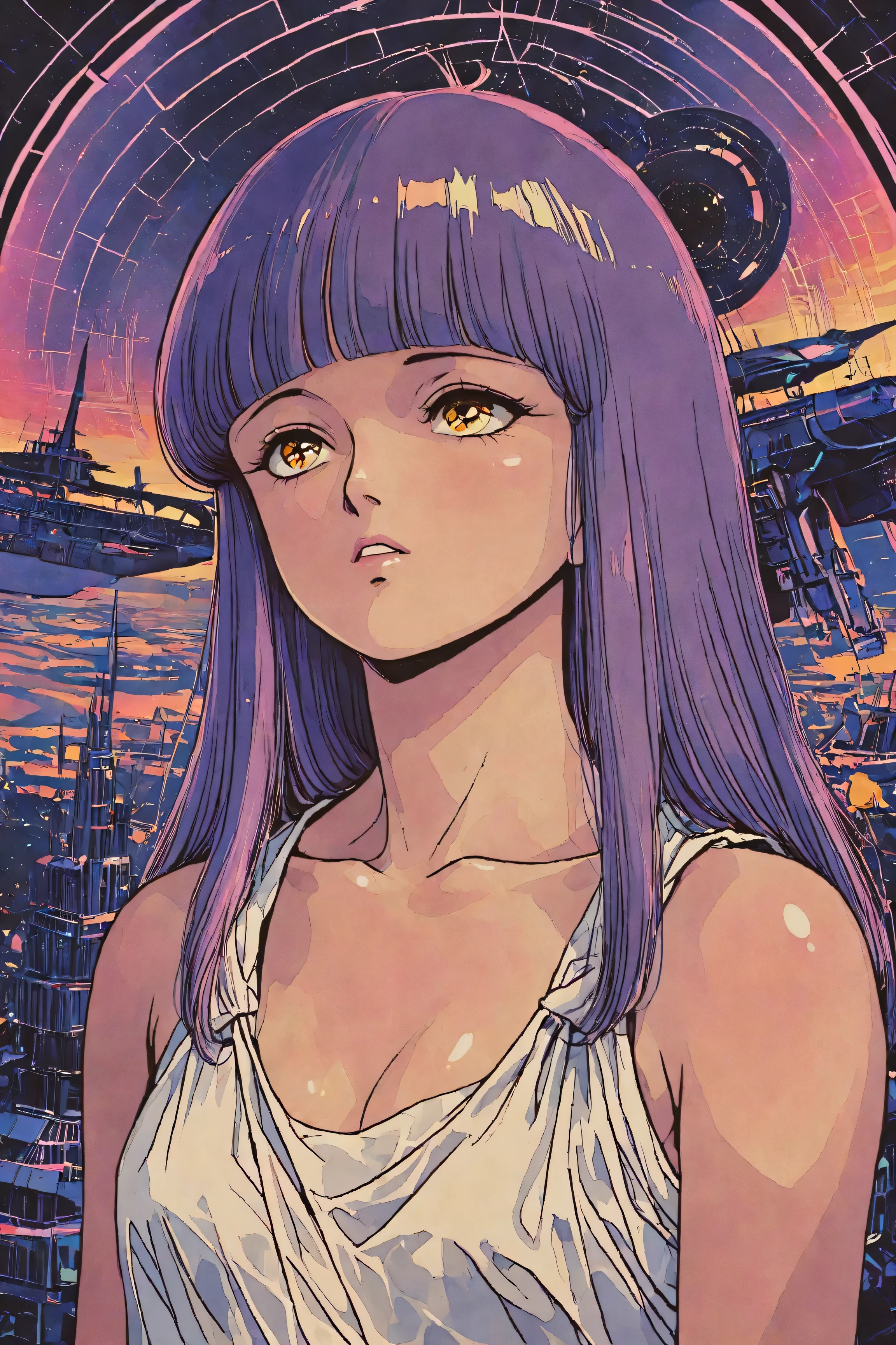 ((best quality)), ((masterpiece)), (detailed), perfect face, surreal, in the illustrative style of moebius, spaceships, aliens, fantasy, sci-fi, graphic novel, line drawing, ((japanese retro)), long purple hair, blunt bangs, gold eyes, white tunic, small breasts, cleavage, SYNTHWAVE STYLE DESIGN VIBRANT COLORS, young japanese girl, 60s retro, french art deco, graphic poster design, illustrated anime, purples, golds,