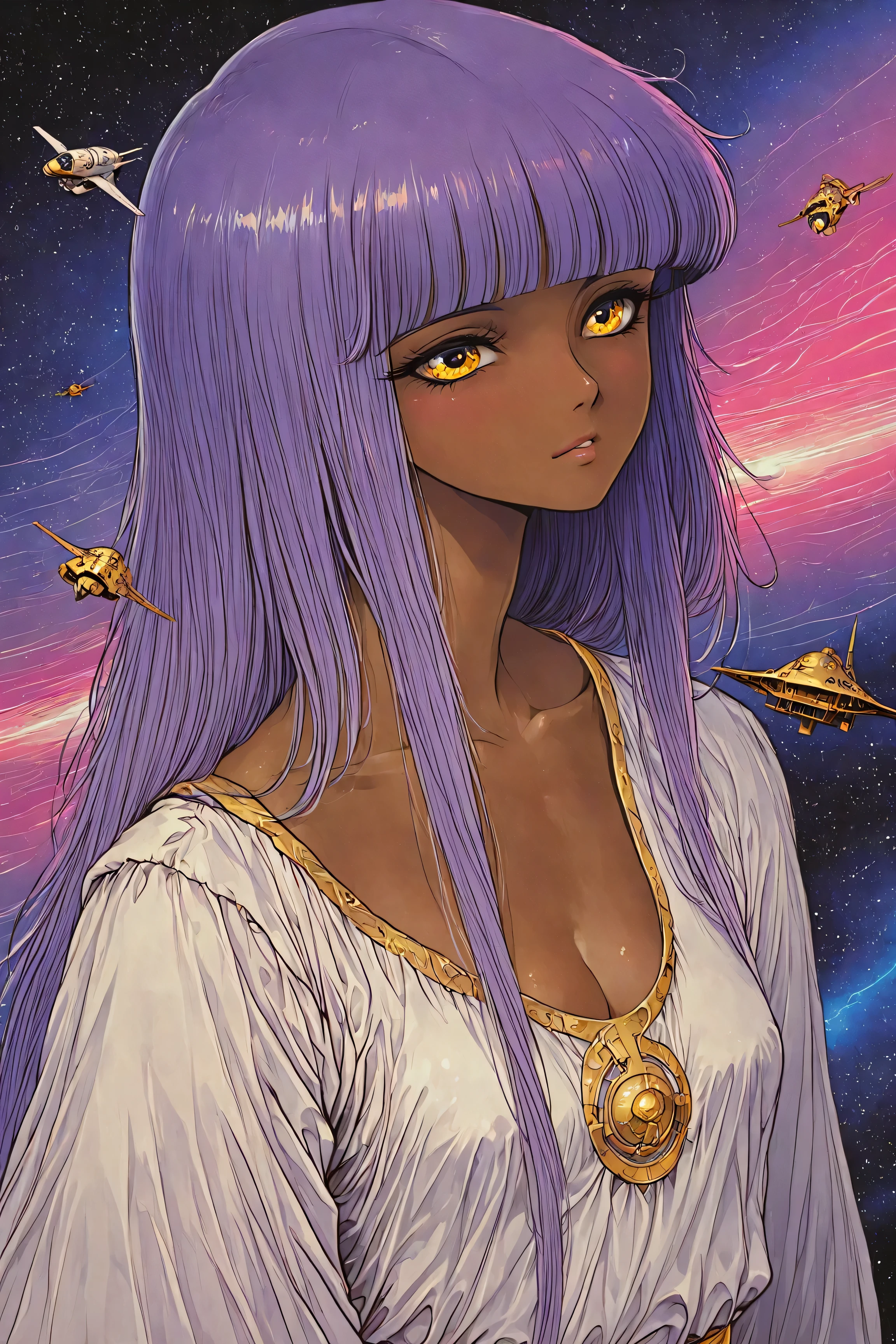 ((best quality)), ((masterpiece)), (detailed), perfect face, dark skin, surreal, in the illustrative style of moebius, spaceships, aliens, fantasy, sci-fi, graphic novel, line drawing, ((japanese retro)), long purple hair, blunt bangs, gold eyes, white tunic, small breasts, cleavage, SYNTHWAVE STYLE DESIGN VIBRANT COLORS, young japanese girl, 60s retro, french art deco, graphic poster design, illustrated anime, purples, golds,