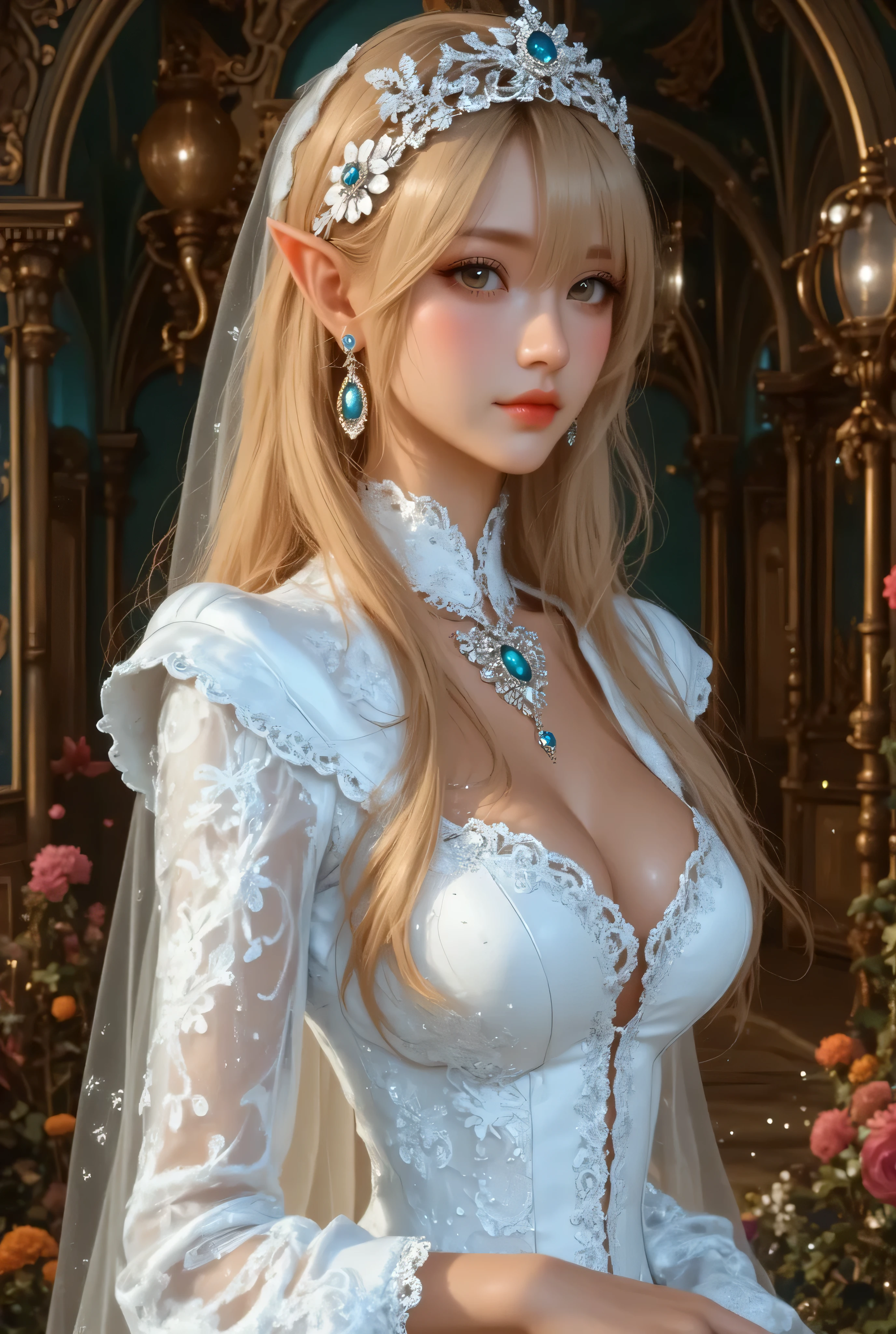 Classy sex appeal、Beautiful woman、Transparent Skin、Perfect natural light、8K High Resolution、High resolution、Glowing Beautiful Skin、Transparent beauty、masterpiece、Moist eyes、Bright spot、Gravure quality、Light hair color、Hairstyle Half Up、Fantastic medieval European style、Magical fantasy world、Priest&#39;s attire、Big Ass、In the garden