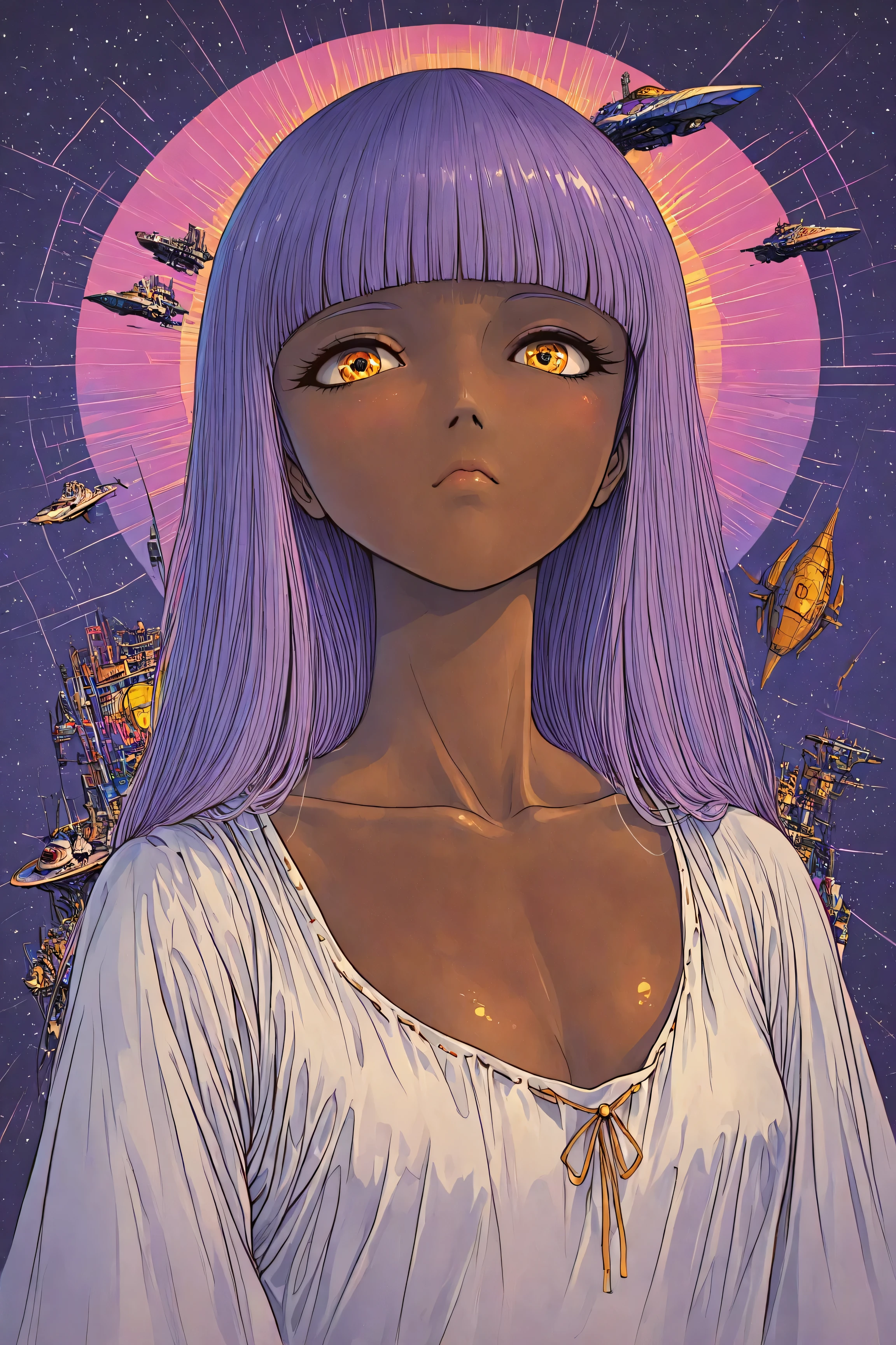 ((best quality)), ((masterpiece)), (detailed), perfect face, dark skin, surreal, in the illustrative style of moebius, spaceships, aliens, fantasy, sci-fi, graphic novel, line drawing, ((japanese retro)), long purple hair, blunt bangs, gold eyes, white tunic, small breasts, cleavage, SYNTHWAVE STYLE DESIGN VIBRANT COLORS, young japanese girl, 60s retro, french art deco, graphic poster design, illustrated anime, purples, golds,