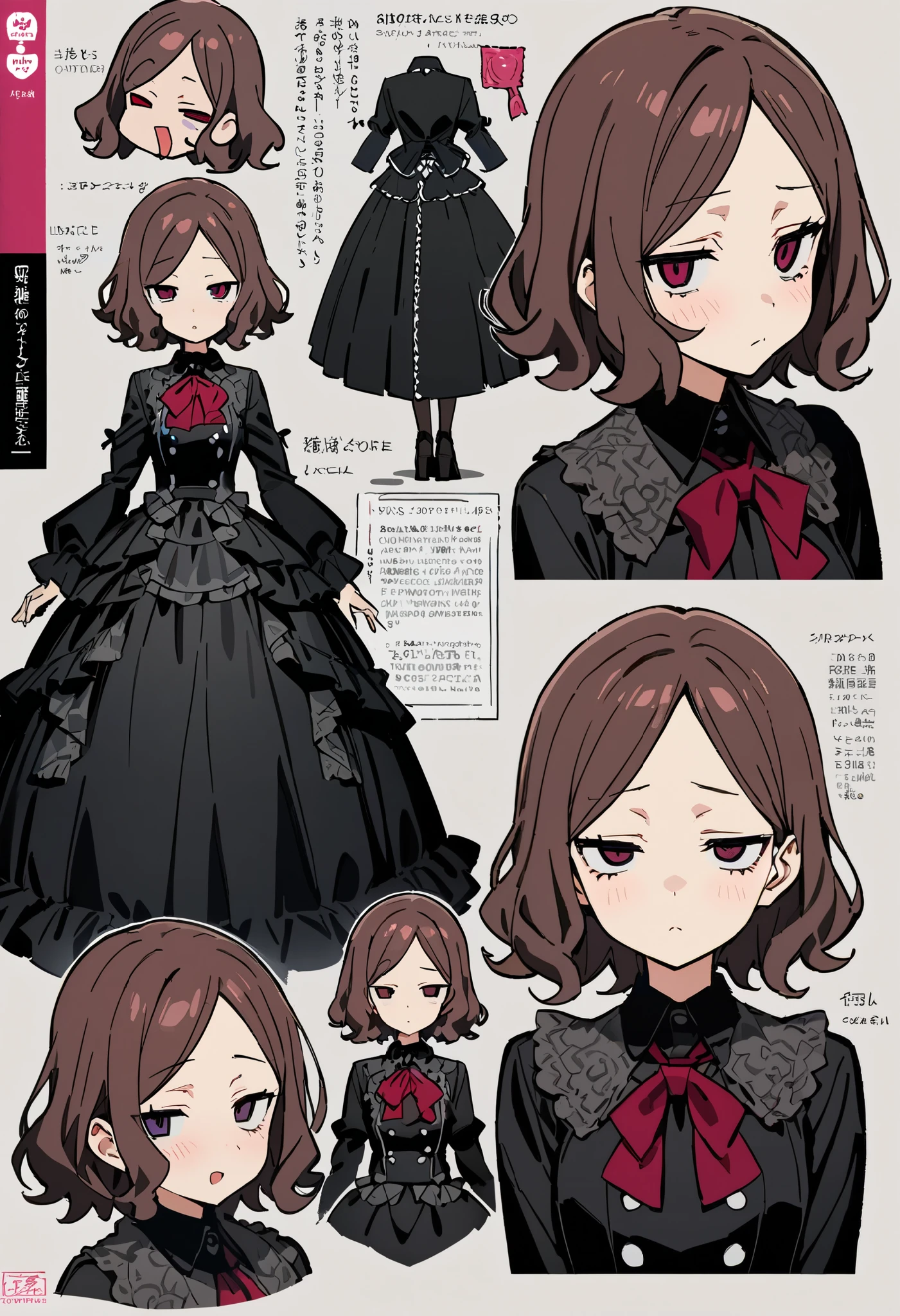 girls, ebizuka tomo,front,Dead Eyes,Gothic Lolita,masterpiece , Best Quality , character design sheet with hair tied with a condom,Front , Three Views ,is tall,Facing Front