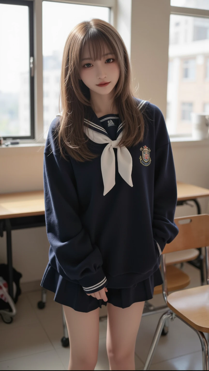 (Ultra Realistic), (3D), (CG), (High Definition), (8K), (Very Detailed), Memcho, Solo, One Girl, Blonde, Very Small Horns, Mini Skirt, Short Hair, Knitted Knee Socks, Uniform, Smile, Small Body, Small Breasts, Constriction, School, Classroom, Sailor Suit, Baby Face, Young Child, 15 Years Old, Bareface, Suppin