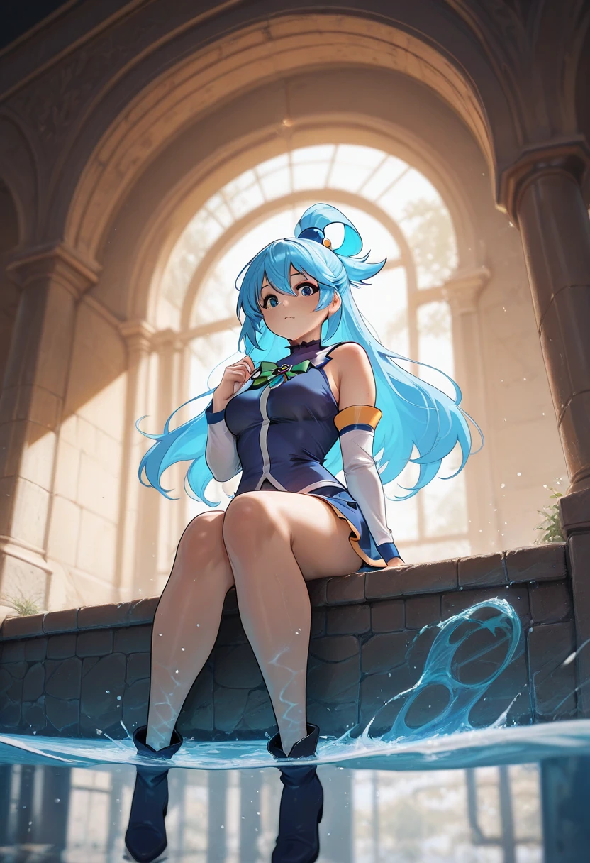aqua \(konosuba\), full body, beautiful, leaning against a rock, in a lake, at night, with fireflies, long hair, detailed hair, blue eyes, skirts, sleeves, high boots, posing, happy smile, looking at the viewer, perfect anatomy