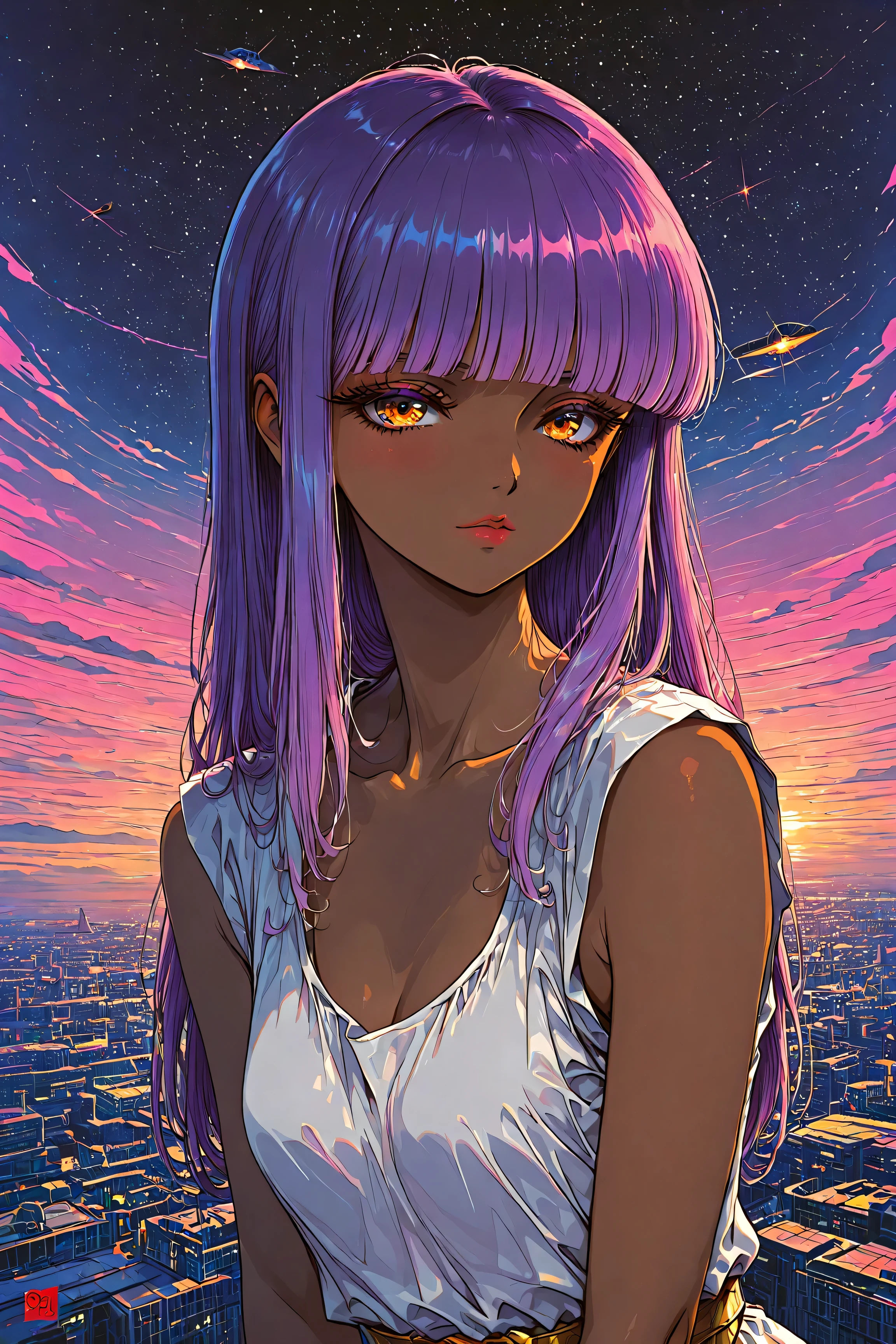 ((best quality)), ((masterpiece)), (detailed), perfect face, dark skin, surreal, in the illustrative style of moebius, spaceships, aliens, fantasy, sci-fi, graphic novel, line drawing, ((japanese retro)), long purple hair, blunt bangs, gold eyes, white tunic, small breasts, cleavage, SYNTHWAVE STYLE DESIGN VIBRANT COLORS, young japanese girl, 60s retro, french art deco, graphic poster design, illustrated anime, purples, golds,