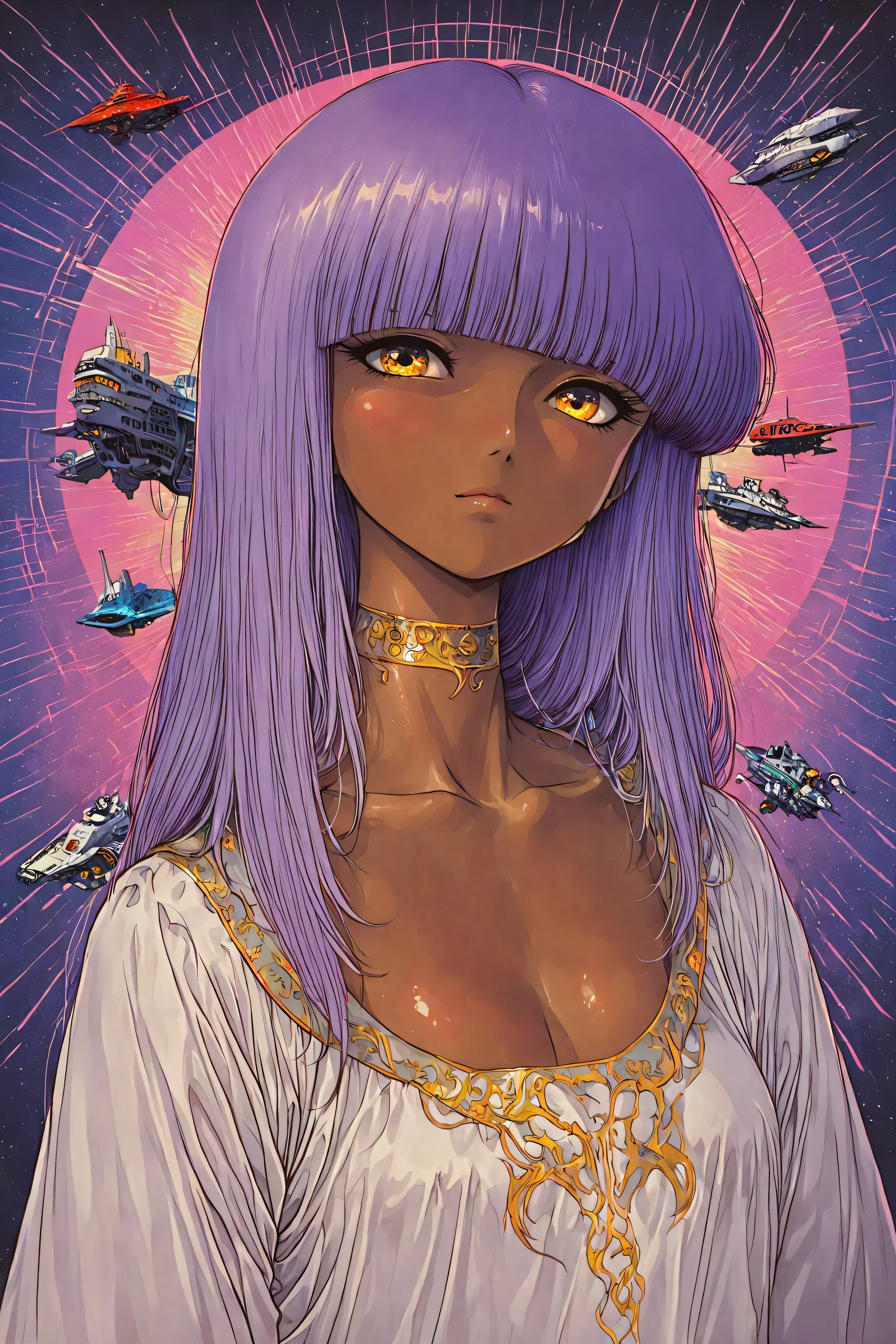 ((best quality)), ((masterpiece)), (detailed), perfect face, dark skin, surreal, in the illustrative style of moebius, spaceships, aliens, fantasy, sci-fi, graphic novel, line drawing, ((japanese retro)), long purple hair, blunt bangs, gold eyes, white tunic, small breasts, cleavage, SYNTHWAVE STYLE DESIGN VIBRANT COLORS, young japanese girl, 60s retro, french art deco, graphic poster design, illustrated anime, purples, golds,