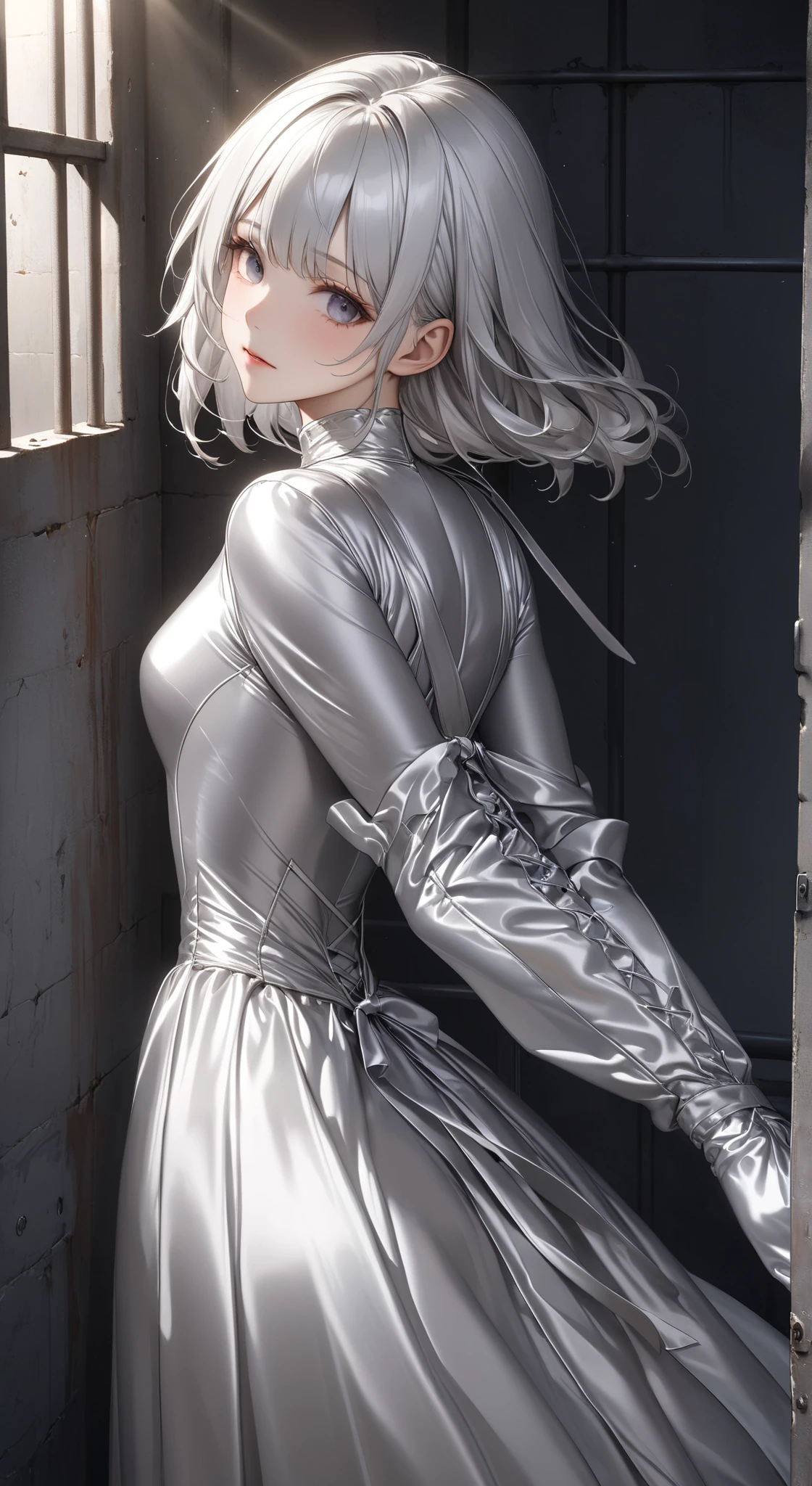  portrait、god々Shining light、( masterpiece, top quality,  Ultra High Resolution ),Extremely detailed CG, back of Japanese woman with pale silver hair,(( beautiful face)),(( long sleeve long dress made of pale silver satin))、((The dress has a simple design without embellishments)),Ruffled Skirt、(Well-fitting pale silver satin bodysuit )、pale silver satin gloves, in prison cell