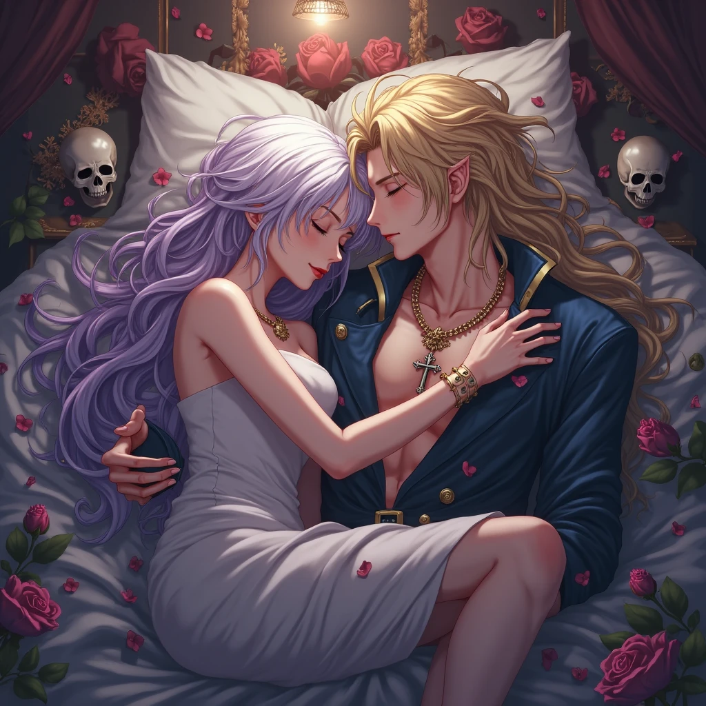 Couple sleeping together in bed. Girl with very long white hair with purple. Blond pirate boy with very long hair. Large cross necklace. Sensual anime. elegant room . Roses and Skulls.