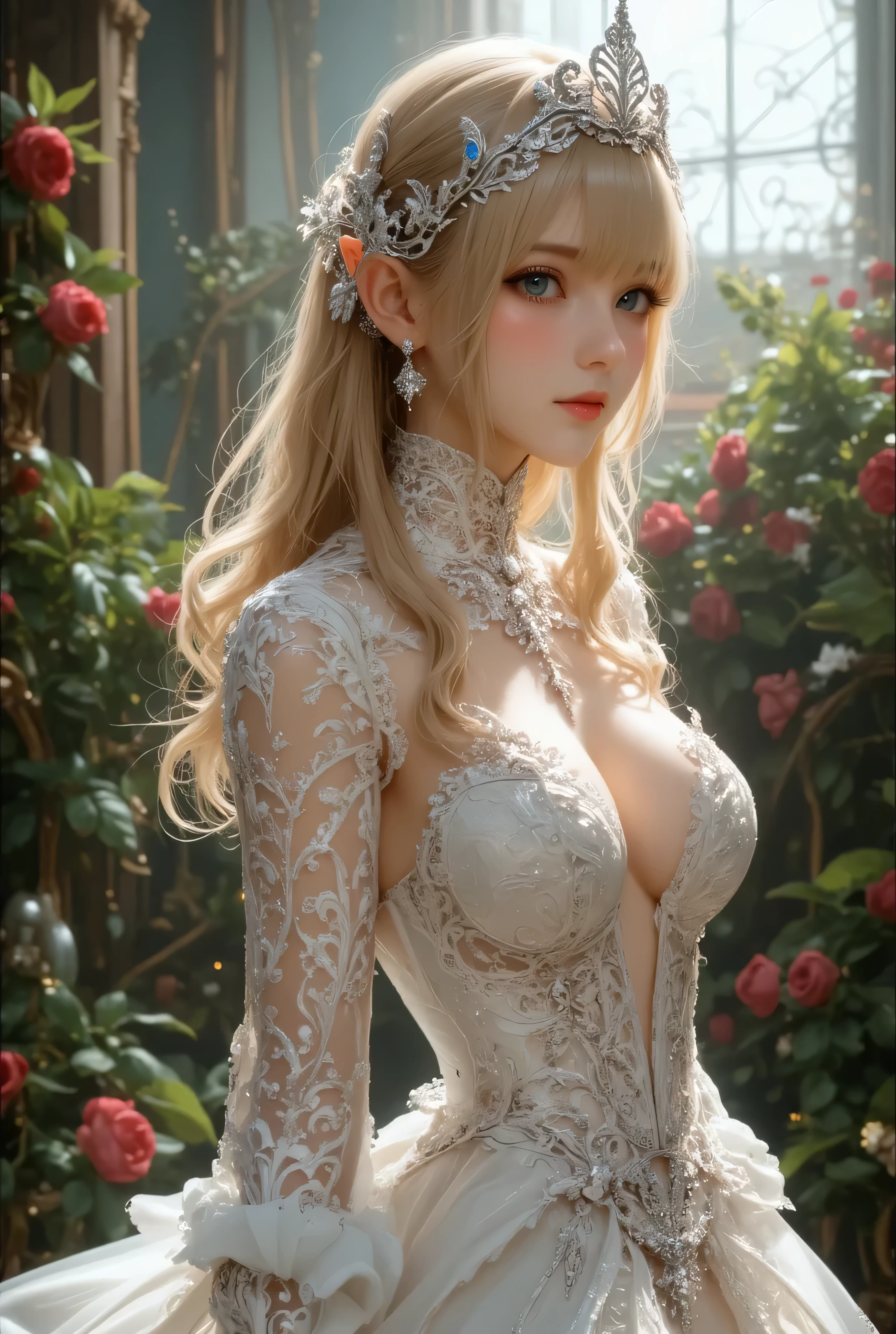 (highest quality, High resolution, Realistic:1.2), Dramatic lighting, Oil, Detailed skin texture, long flowing hair, Elegant pose, Bright colors, Fine brushwork, Portraiture, Realistic makeup, Strong gaze, Delicate features, Complex background, Professional illustrations、((Lace fabric 1.5)))、Small breasts 1.5、White dress 1.4、