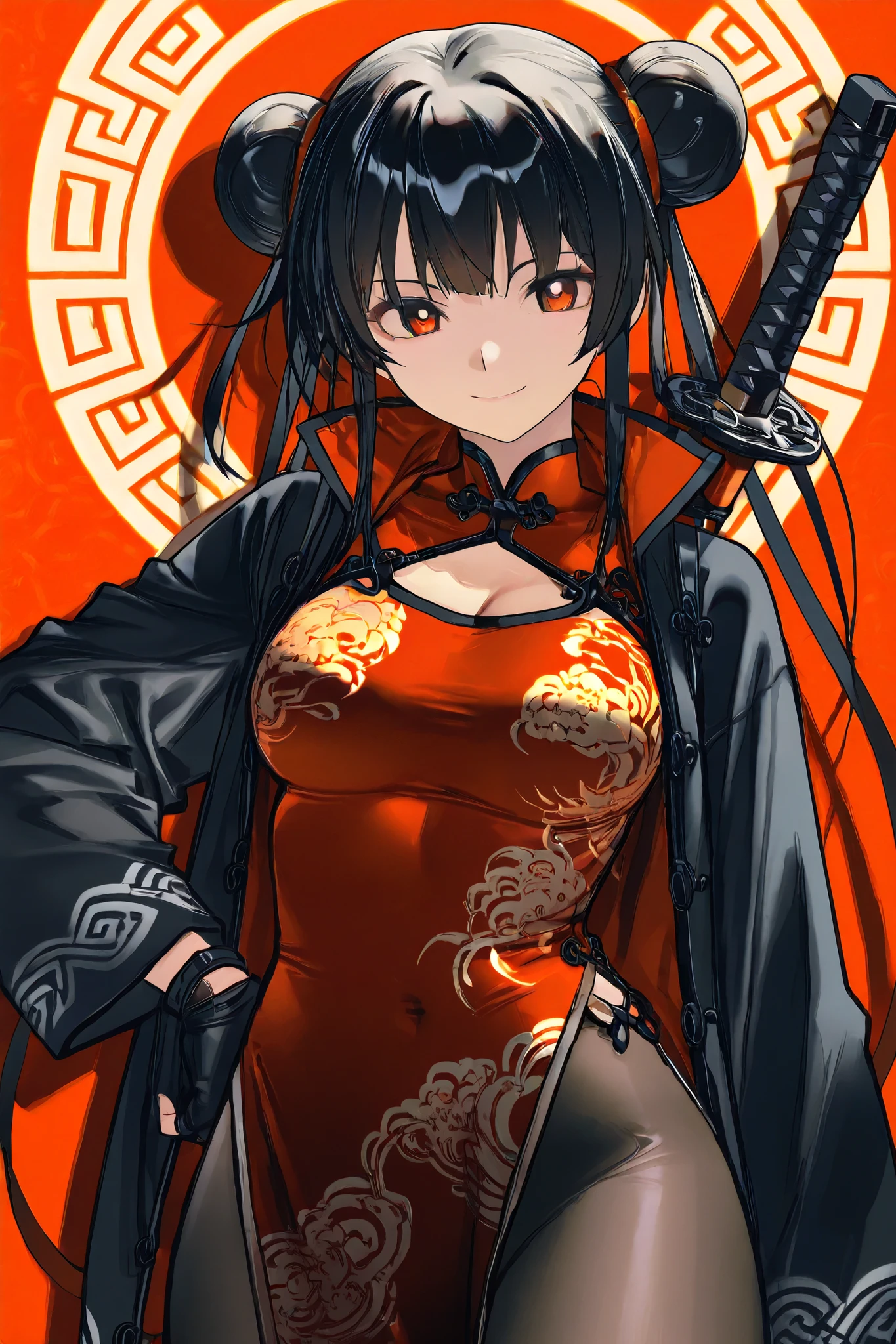 Black double bun hair, Red Cheongsam,Smile,Sword,Anime, gloves,Modern Chinesejacket, Tights