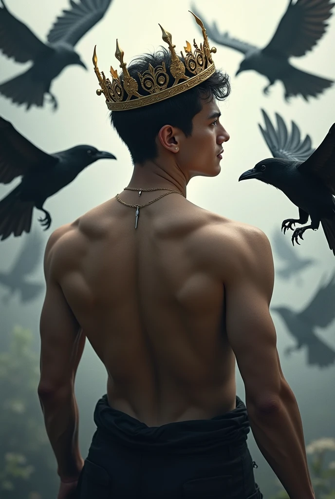 arafed male in a crown sitting on a body of water surrounded by swans, by Yang J, adi granov, neoartcore and charlie bowater, black swans, birds f cgsociety, dark fantasy mixed with realism, fantasy art behance, magali villeneuve', fantasy male portrait, male art, [ trending on cgsociety ]!!