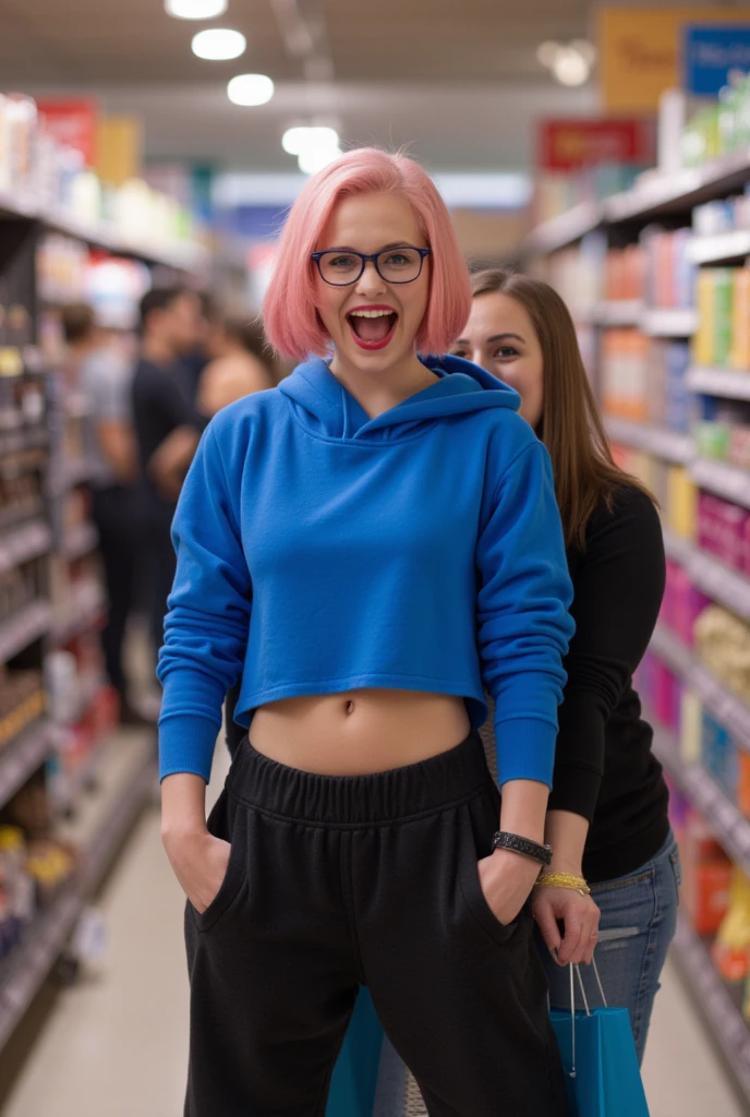 ((medium breast, tomboy girl, small head)), daylight, sunlight, (perfect body : 1.1), (young), (short wavy hair : 1.2) , choker, full body shot, crowded street, ((wearing a pink see-through tight wet tube crop top)), ((miniskirt)), (extremely detailed CG 8k wallpaper), (an extremely delicate and beautiful), (masterpiece), (best quality:1.0), (ultra highres:1.0),  beautiful lighting ,stiff nipple, cameltoe, perfect lightning,pulling skirt, realistic shadows, [highres], detailed skin, ultra-detailed, spread thigh, one leg up, squatting on the floor, black thighhigh, red high heels, large earring, thighs, (((colorful))), (loosely worn top), beauty mark, angle from below