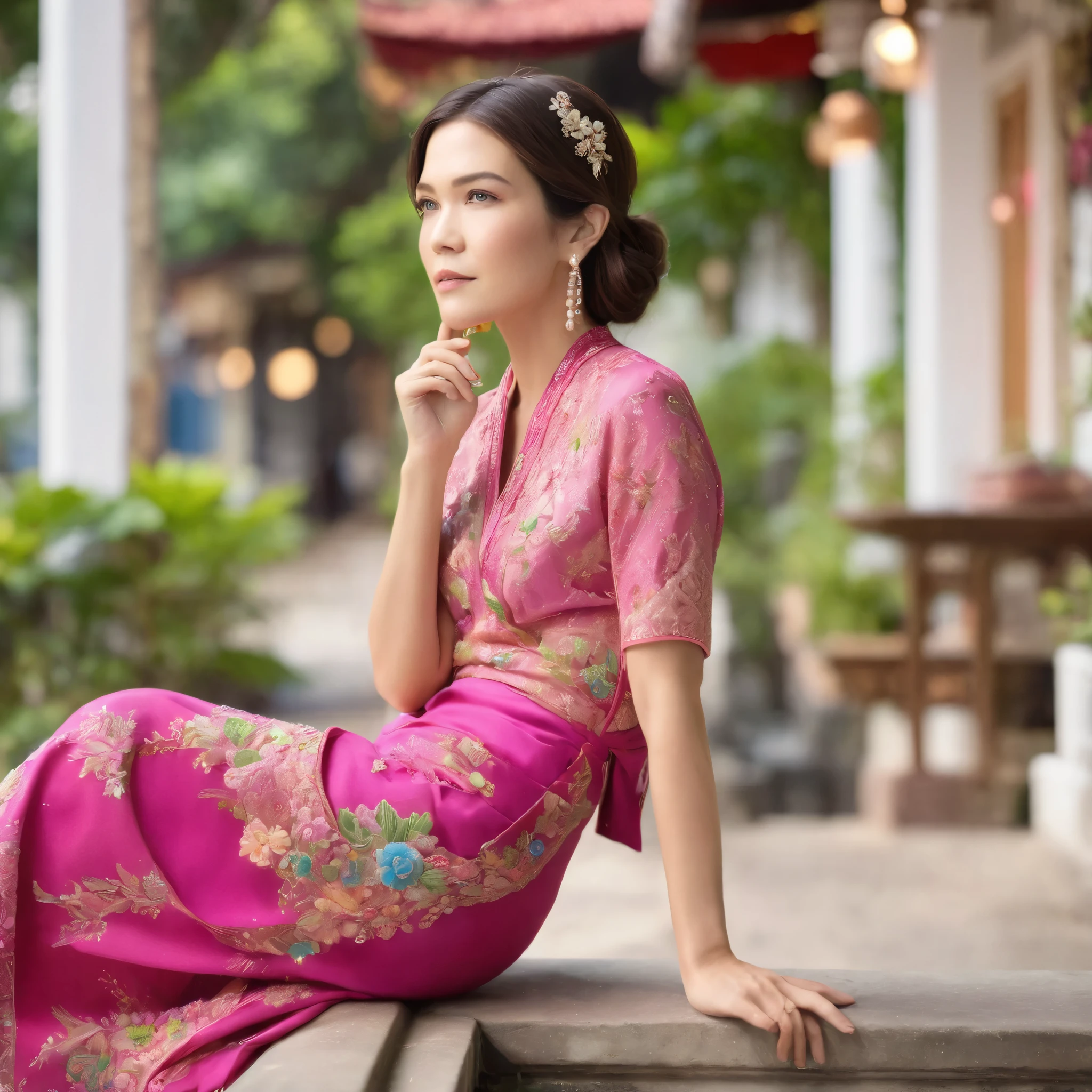 best quality, highres, 8k, masterpiece, photography, detailed midbody photorealistic portrait. Mandy Moore exudes elegance in a fuchsia pink sarong kebaya, intricately embroidered with floral motifs, paired with a vibrant batik wrap skirt. She walks along the iconic Joo Chiat shophouses, her hair styled in an old-Hollywood-inspired wave, pinned to one side with a beaded hair clip. She wears delicate pearl earrings, a vintage Peranakan brooch, and embroidered Nyonya beaded shoes. The scene captures her pausing to admire the pastel-hued Peranakan terrace houses, while holding a traditional Chinese porcelain teacup with delicate floral designs. 40 years old, (real skin texture: 1.3), (slender figure: 1.1), six-pack abs, (Immersive Ambience, Chiaroscuro: 1.5, Dim Light: 1.2, Glow Lighting), (Bokeh: 1.5), Blurred, high contrast, (Fuji colours: 1.5), film grain
