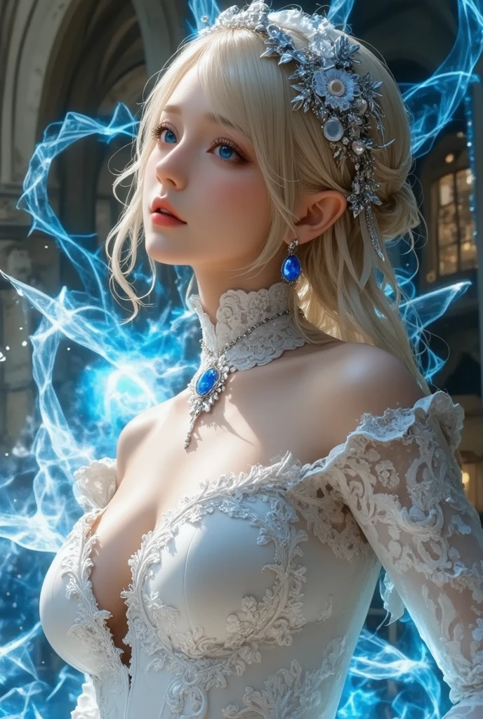 masterpiece，Highest image quality，Super details，best quality ,extremely delicate and beautiful, Very detailed,best quality, official art, Extremely detailed CG unified 8k wallpaper, Ana de Armas portrait photo, Blonde hair with black pupils，shiny skin,  (beautiful eyes:1.1), beautiful skin, big watery eyes，(detailed lighting:1.2), (Beautiful and detailed light:1.3),The noble goddess wearing ice crystal blue and purple holy clothes，Intricate details of the Ice Crystal Sacred Cloth，Gorgeous and complex hollow ultra-thin ice crystal dress，Beautiful udder, The most perfect breast shape，firm breast，Deep cleavage，Naked of breast，complex, digital drawing, Smooth, sharp focus, end of the world, epic reality, (high dynamic range:1.4), (pastel colors:1.4), Revelation，Bright colors, screen space refraction, (intricate details, Super detailed:1.3), art station, lens, complex background, buliding，beautiful smile，The most beautiful look，Dreamcatcher earrings，The best look，The noble, beautiful and dignified ice goddess，Garland of flowers，