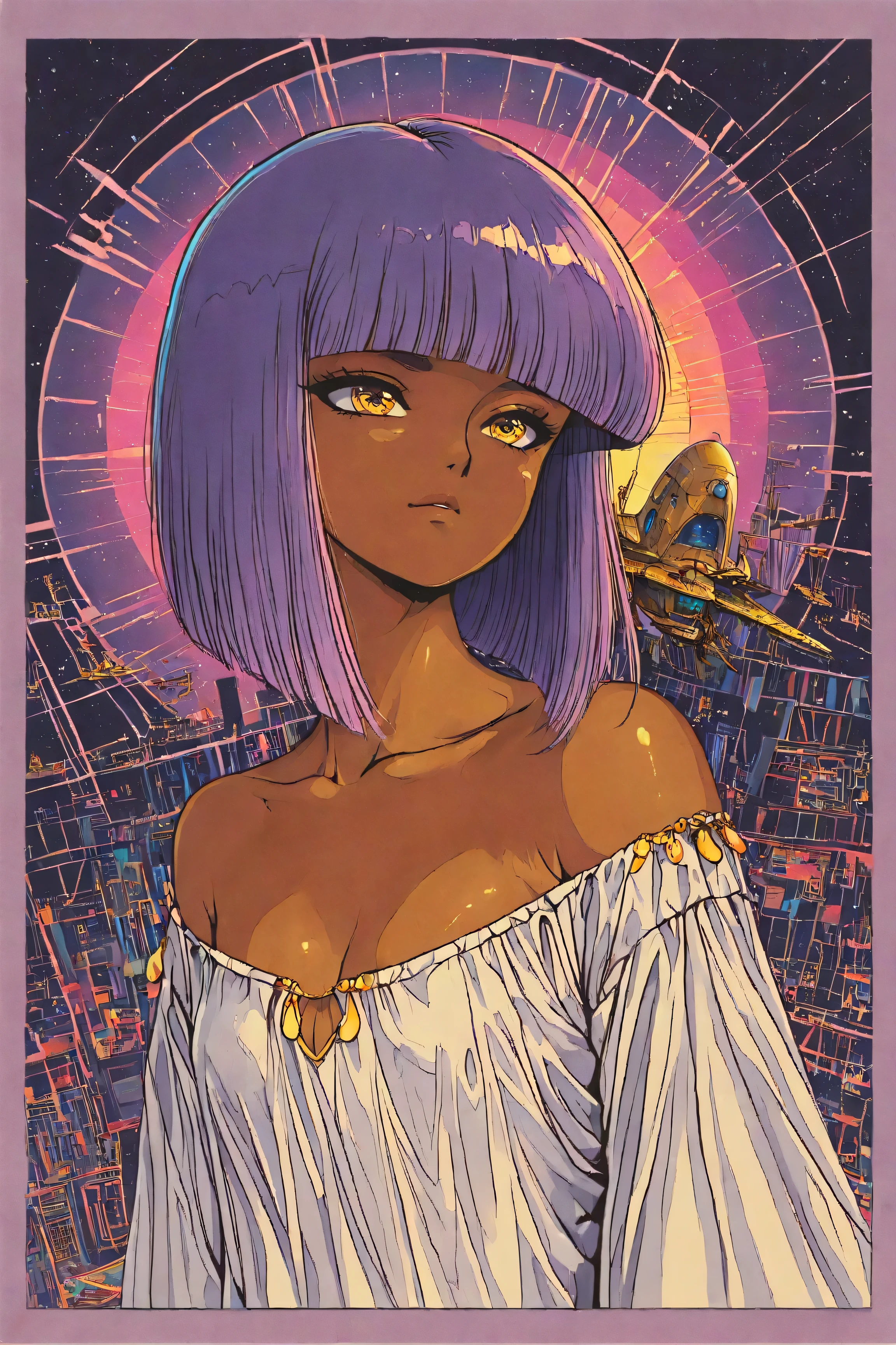 ((best quality)), ((masterpiece)), (detailed), perfect face, dark skin, surreal, in the illustrative style of moebius, spaceships, aliens, fantasy, sci-fi, graphic novel, line drawing, ((japanese retro)), long purple hair, blunt bangs, gold eyes, white tunic, small breasts, cleavage, SYNTHWAVE STYLE DESIGN VIBRANT COLORS, young japanese girl, 60s retro, french art deco, graphic poster design, illustrated anime, purples, golds,