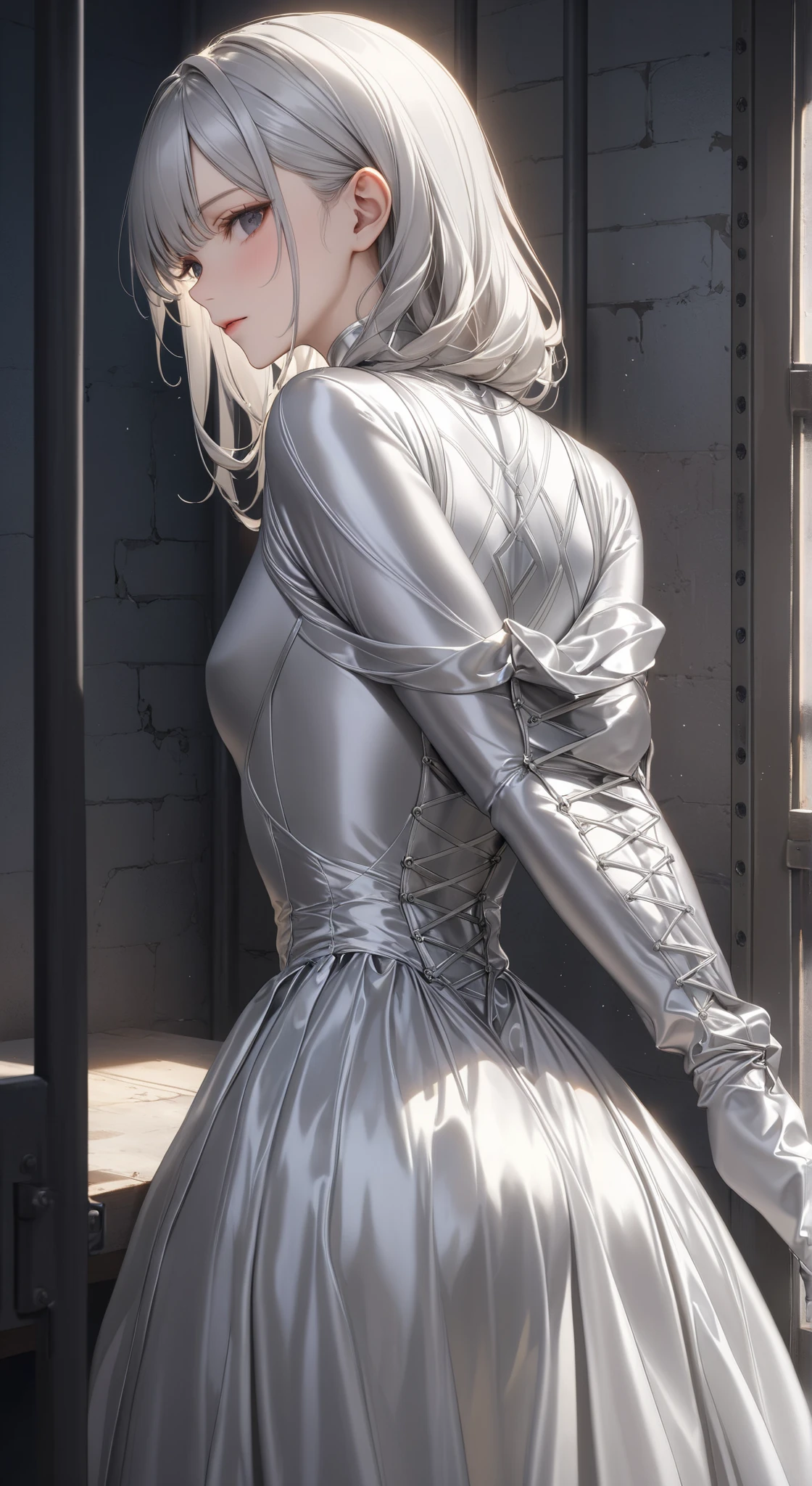 portrait、god々Shining light、( masterpiece, top quality, Ultra High Resolution ),Extremely detailed CG, back of Japanese woman with pale silver hair,(( beautiful face)),(( long sleeve long dress made of pale silver satin))、((The dress has a simple design without embellishments)),Ruffled Skirt、(Well-fitting pale silver satin bodysuit )、pale silver satin gloves, in prison cell