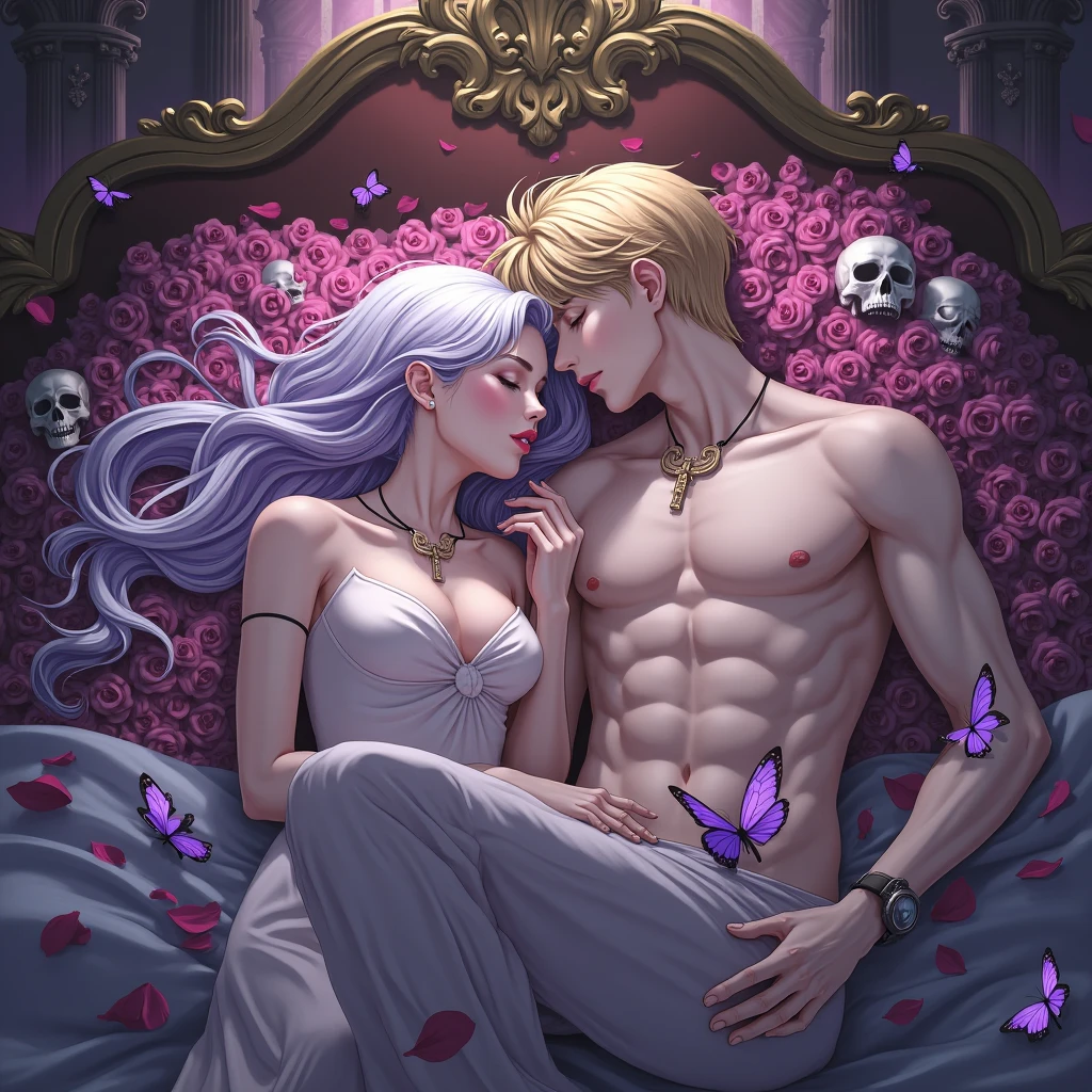 Couple sleeping together in bed. Girl with very long white hair with purple. Blond pirate boy with very long hair. Large cross necklace. Sensual anime. elegant room . Roses and Skulls. Butterflies.