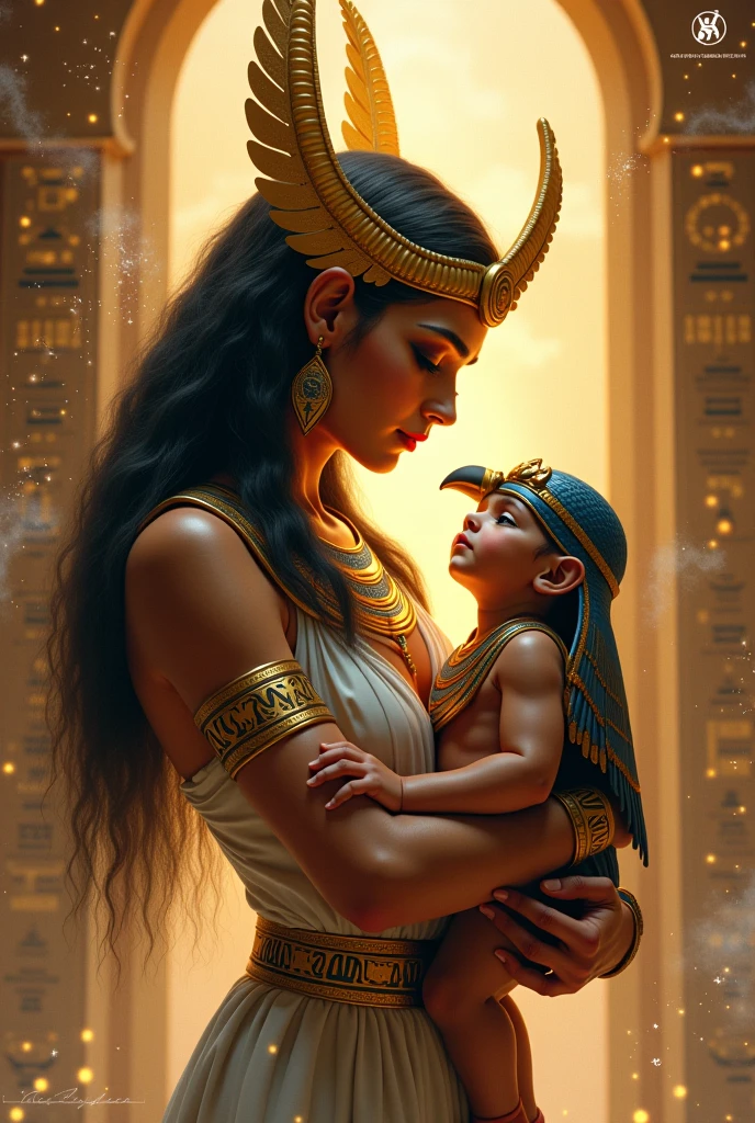Under the light of a full moon, Isis holds Horus, a baby with a piercing gaze, in her arms. The stars shine brightly in the sky, symbolizing the miraculous birth and the divine protection surrounding them.
