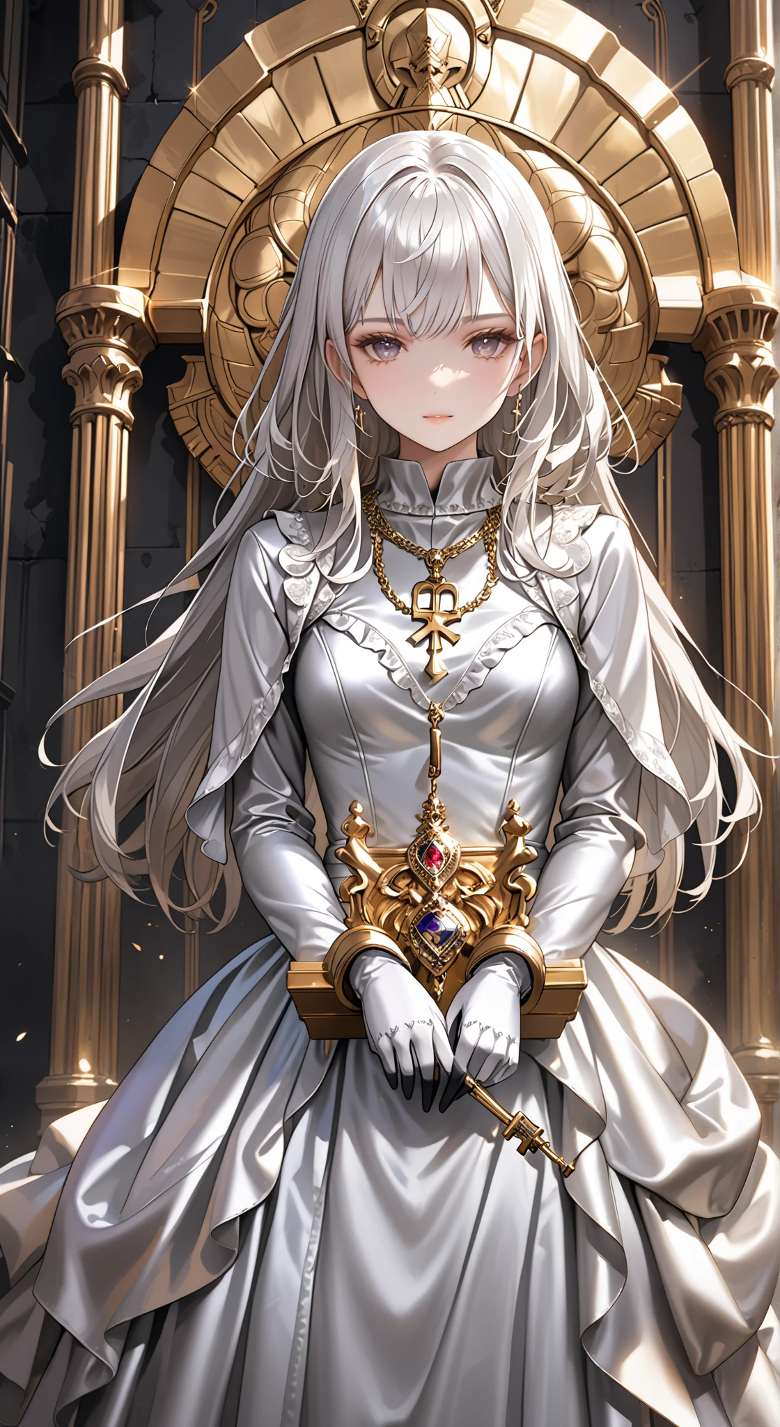 portrait、god々Shining light、( masterpiece, top quality, Ultra High Resolution ),Extremely detailed CG, Japanese woman with pale silver hair,(( beautiful face)),(( long sleeve long dress made of pale silver satin))、((The dress has a simple design without embellishments)),Ruffled Skirt、(Well-fitting pale silver satin bodysuit )、pale silver satin gloves, (wearing a simple key on a golden necklace ), standing in front of a golden throne