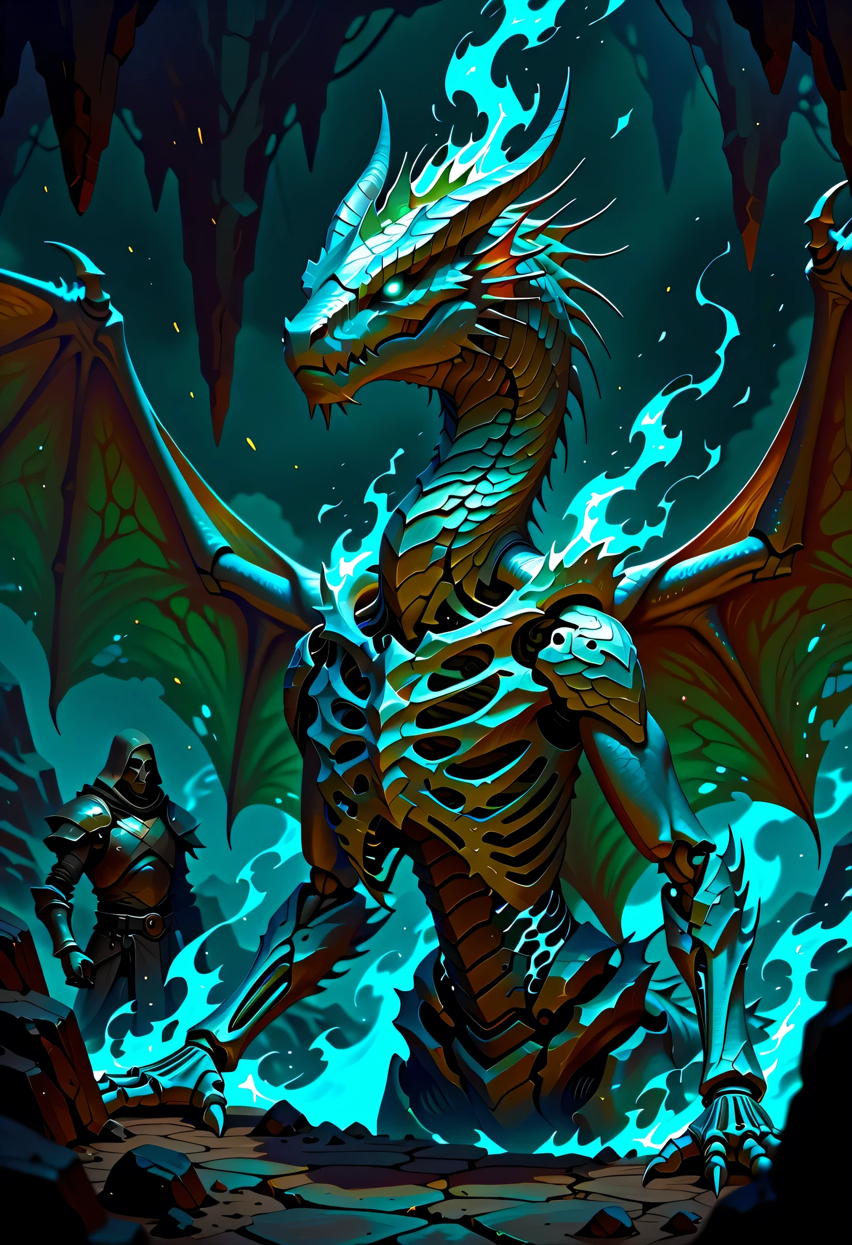 fantasy art, a picture of a massive, epic, skeleton dragon, spread dragon wings, skeletal wings, some silver scales remain, there are blue flames, sense of dread, sense of awe, serpentine eye, dragon cave background, fantasy