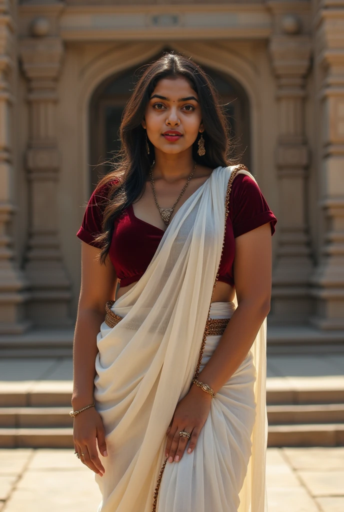 a beautiful Indian school girl in a village, detailed facial features, flat breast
, curvy figure, long white skirt and shirt, detailed background, high quality, photorealistic, intricate details, warm lighting, vibrant colors, cinematic composition, Full body photo of a woman standing gracefully, Depicting the details of the beautiful sea, turn front, more beautiful