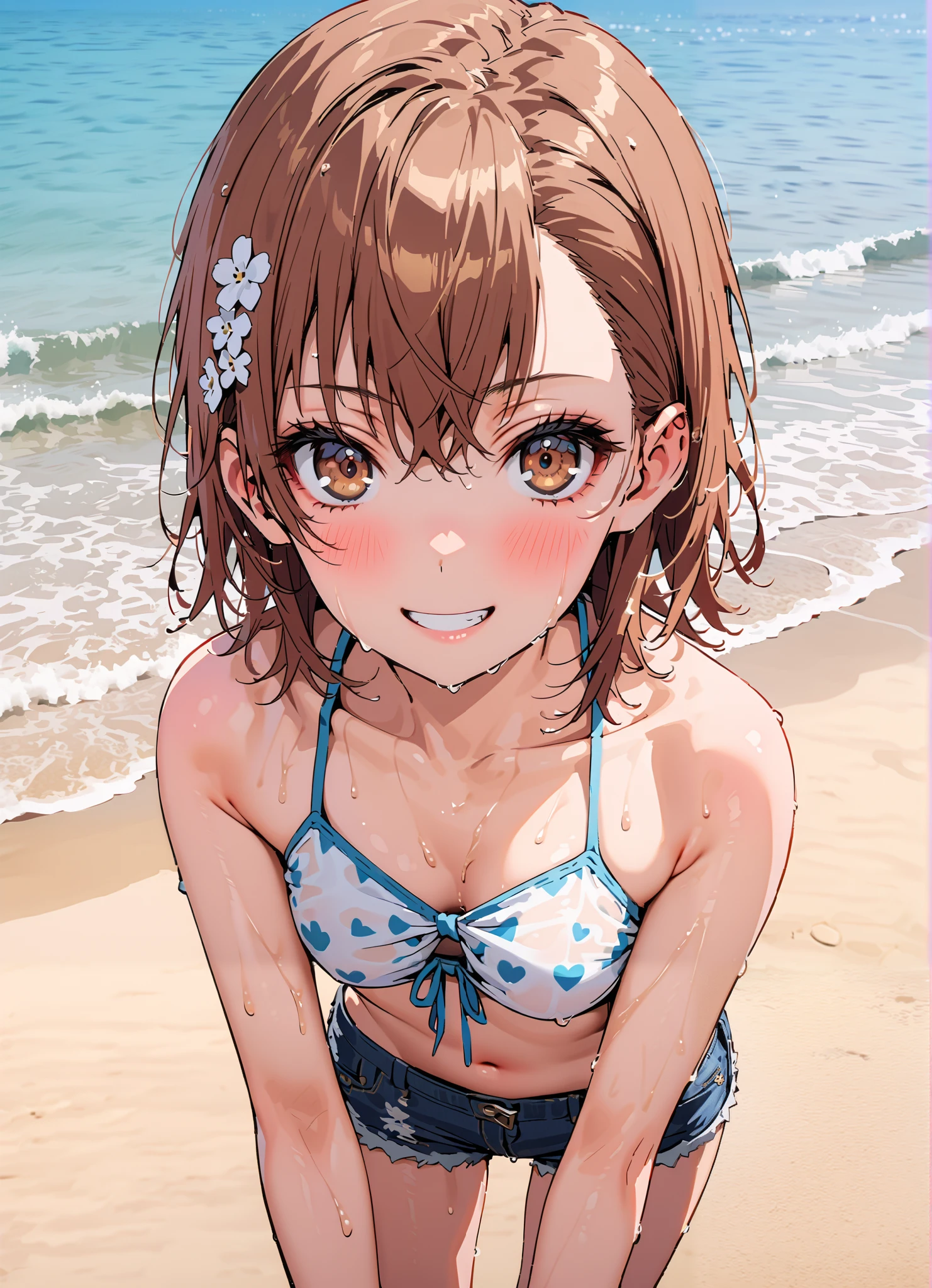 Mie Ai、1 girl、Wavy hair、glasses、small breasts、he is short、slender body、、High resolution、highest quality、detailed face、beach、micro bikini、looking here、puffy nipple、cowboy shot、squat