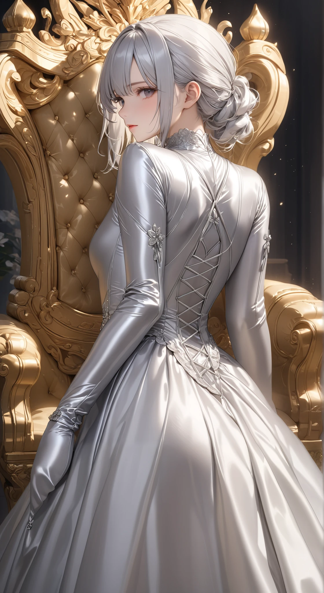 portrait、god々Shining light、( masterpiece, top quality, Ultra High Resolution ),Extremely detailed CG, back of Japanese woman with pale silver hair,(( beautiful face)),(( long sleeve long dress made of pale silver satin))、((The dress has a simple design without embellishments)),Ruffled Skirt、(Well-fitting pale silver satin bodysuit )、pale silver satin gloves, in front of a golden throne