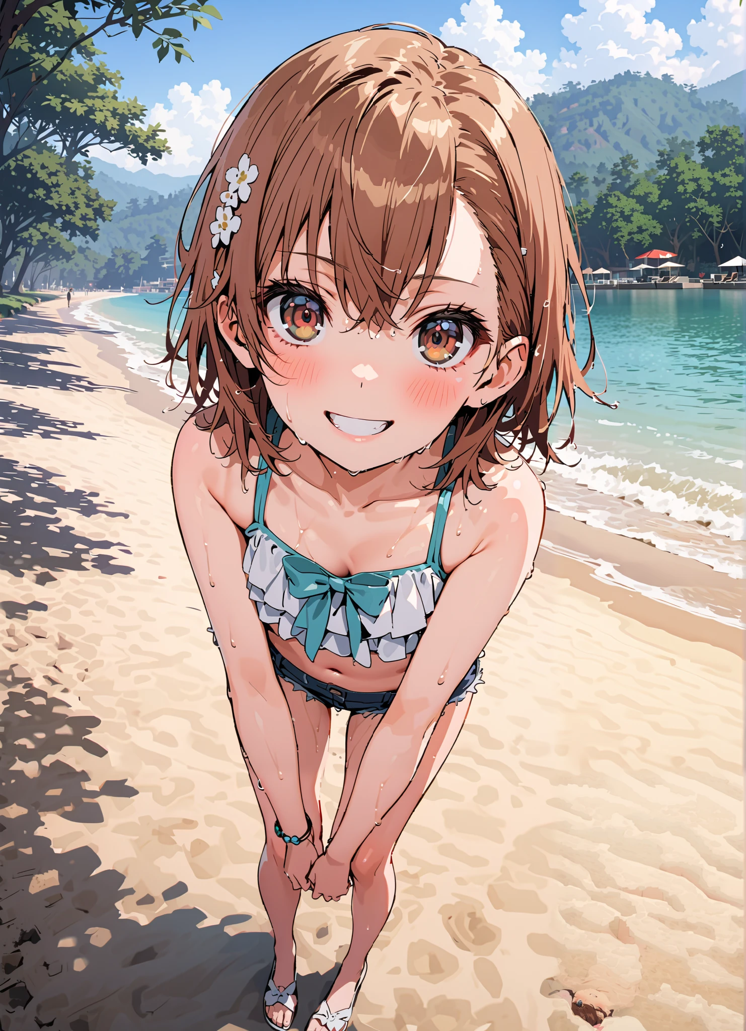 Mikoto and Misaka, Misaka Mikoto ,Alone, short hair, brown hair, hair ornaments close to the garden, hair flower, brown eyes,sunburn,Ruffled bikini swimsuit,denim micro shorts,Bare legs,smile,blush, grin ,Bare legs,standing,wet skin,wet hair, wet swimsuit ,full bodyがイラストに入るように, break outdoors,strand,sea,
break looking at viewer,full body,
break (masterpiece:1.2),Best Quality , kampala, Unity 8K Wallpaper ,(shape:0.8),( fine, beautiful eyes :1.6),It's a person ,full body写真,CG Details , (perfect hands, complete anatomy),