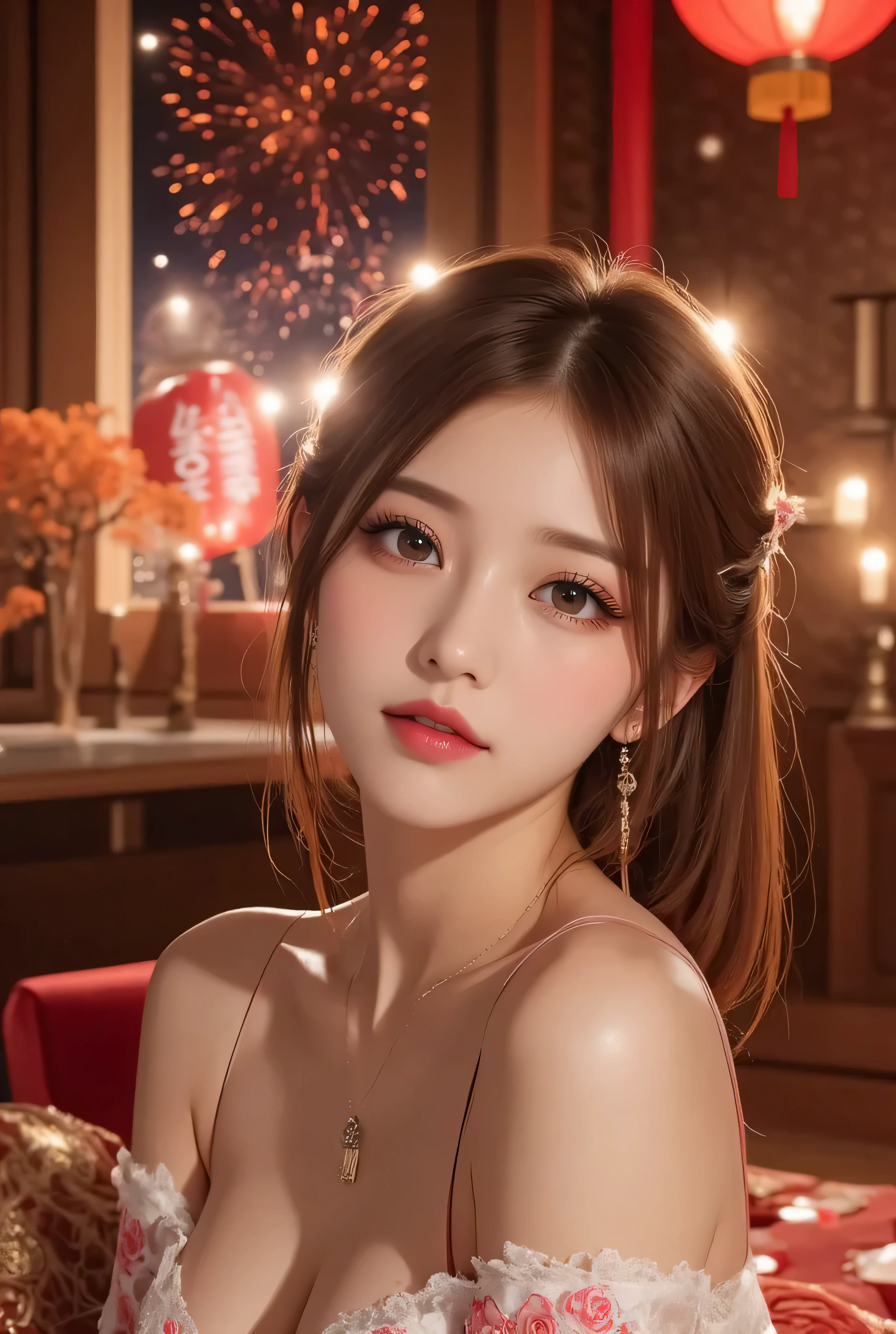 Cat ears、 face up、((( Lying in Bed))) attractive, pretty girl, ponytail、 (( fine facial features , eroticism)), dramatic lighting , realistic , 8k, Dramatic Shadows , intricate and elaborate patterns , super detailed photo , chiaroscuro lighting , Pleasant colors , deep contrast , super real 、 pink lipstick、luxury earrings, luxury necklace, luxury hairpin, warm room、Vintage Fireplace 、 cinematic composition、Close-up of face, A beautiful Korean idol wearing a short random colour cheongsam with golden or silver intricate floral embroidery, standing gracefully in a room filled with traditional Chinese New Year decorations. The room features vibrant red lanterns, decorative calligraphy scrolls, a small Chinese orange tree with golden ornaments, and several red envelopes scattered across the floor and hanging from the tree. Adorable, playful cats are part of the scene—some sitting near the tree, others curiously pawing at the red envelopes or lounging around. Through a window or an open door in the background, vibrant Chinese fireworks light up the night sky in an array of reds, golds, and blues, casting a magical glow into the room. The idol’s outfit is paired with subtle accessories like red hairpins or earrings, complementing the festive look. The atmosphere is warm and lively, filled with the joyful essence of the celebration, enhanced by the shimmering lights of the fireworks and the lively decor.