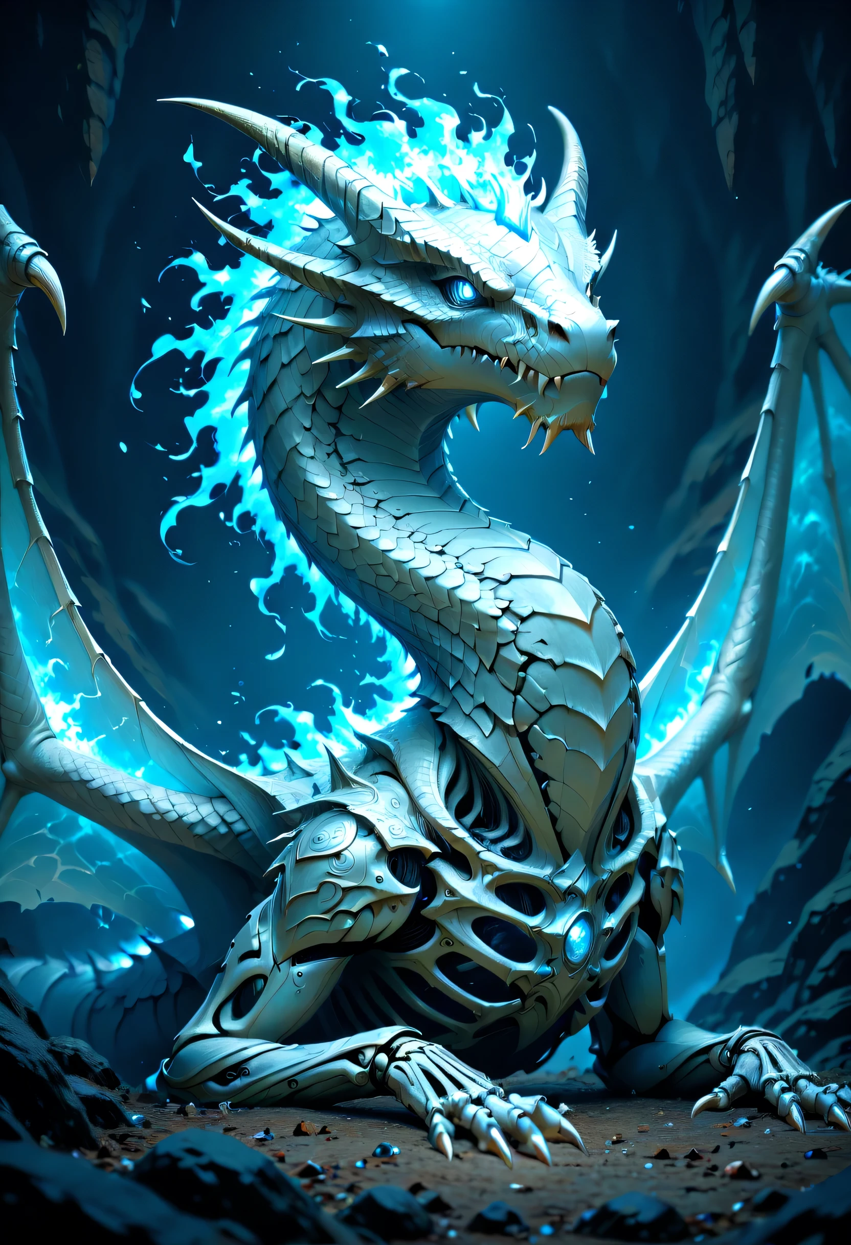 fantasy art, a picture of a massive, epic, skeleton dragon, spread dragon wings, skeletal wings, some silver scales remain, there are blue flames, sense of dread, sense of awe, serpentine eye, dragon cave background, fantasy