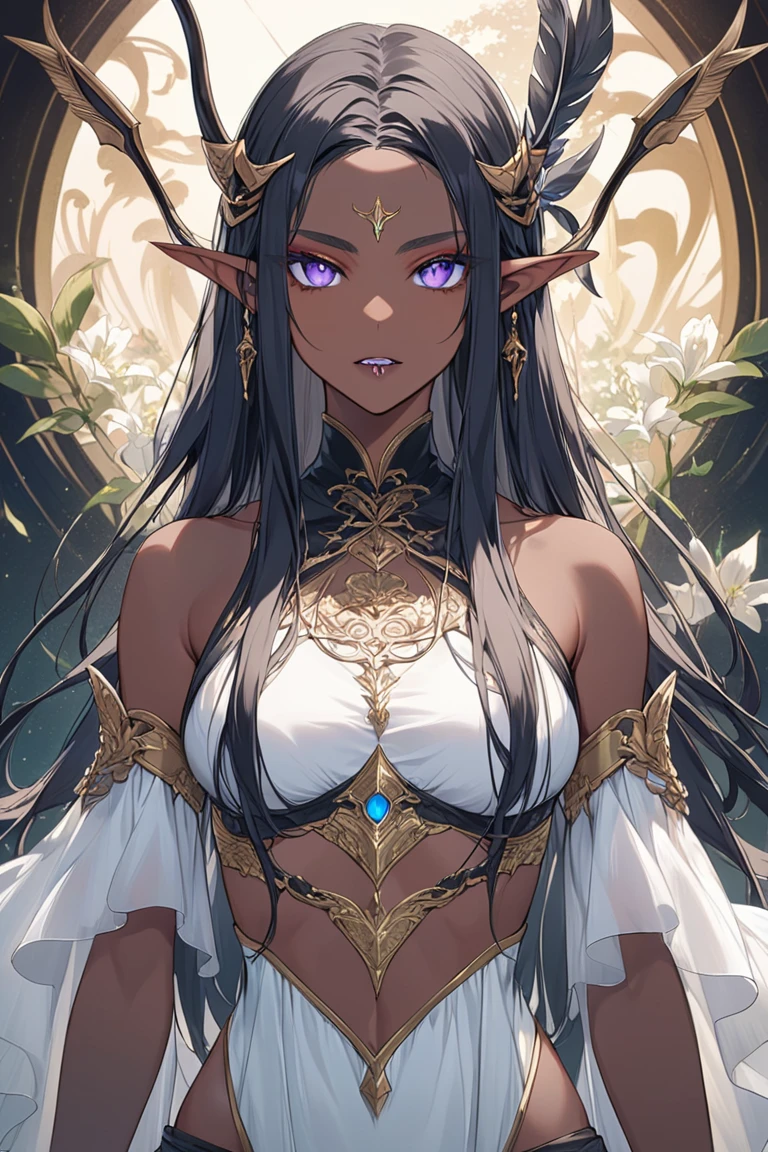 A girl with a deep ish skin tone, elf ears, long black hair, with purple eyes. Her has lots of Jewels on, necklaces, bracelet's, head beads, waist beads, and so on. Her clothing is black, silver, and gold. Her clothing style is a mix between Japanese and Chinese, but covers most of her skin.