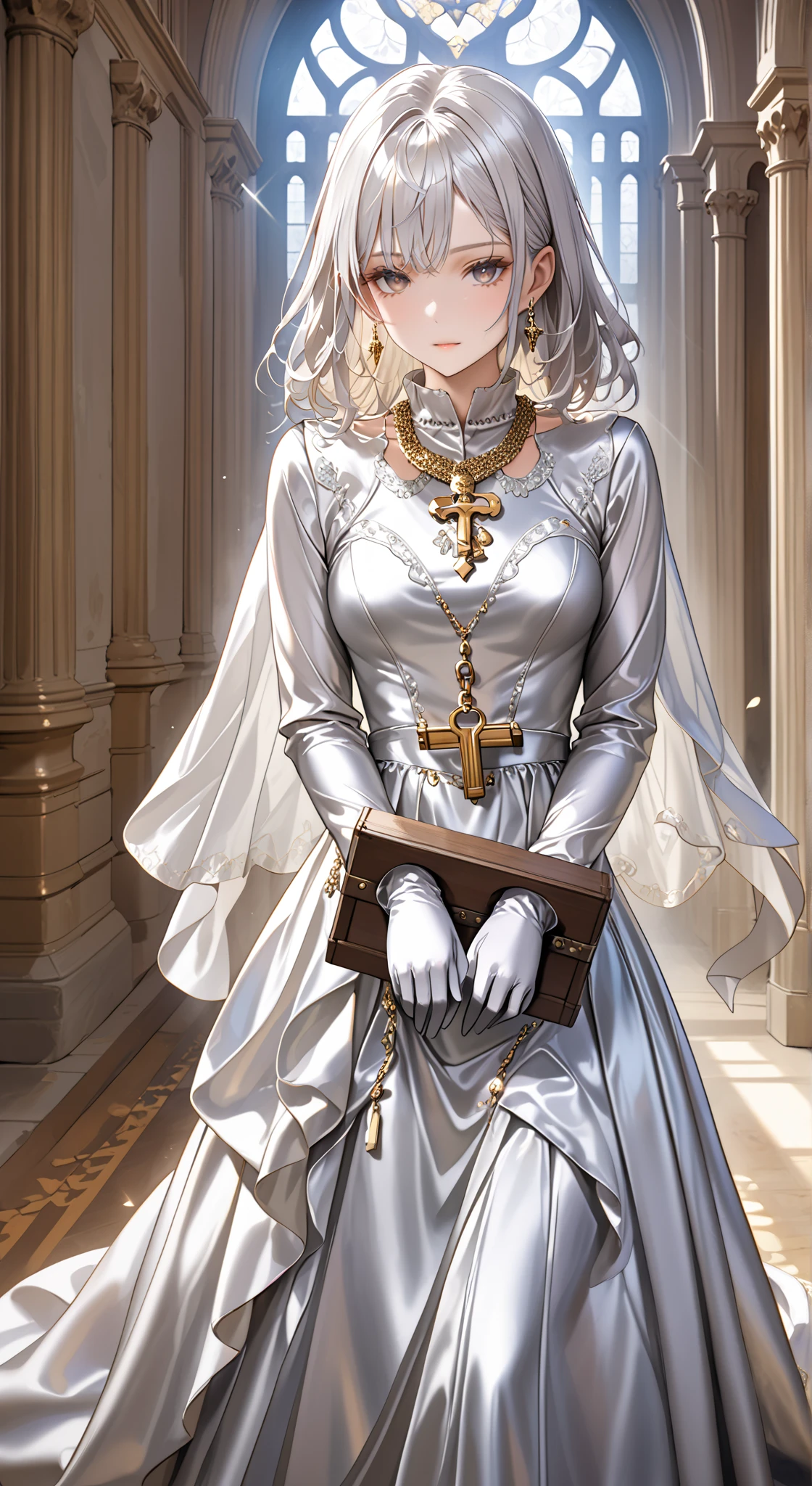 portrait、god々Shining light、( masterpiece, top quality, Ultra High Resolution ),Extremely detailed CG, Japanese woman with pale silver hair,(( beautiful face)),(( long sleeve long dress made of pale silver satin))、((The dress has a simple design without embellishments)),Ruffled Skirt、(Well-fitting pale silver satin bodysuit )、pale silver satin gloves, (wearing a simple key on a golden necklace ), walking down a palace corridor