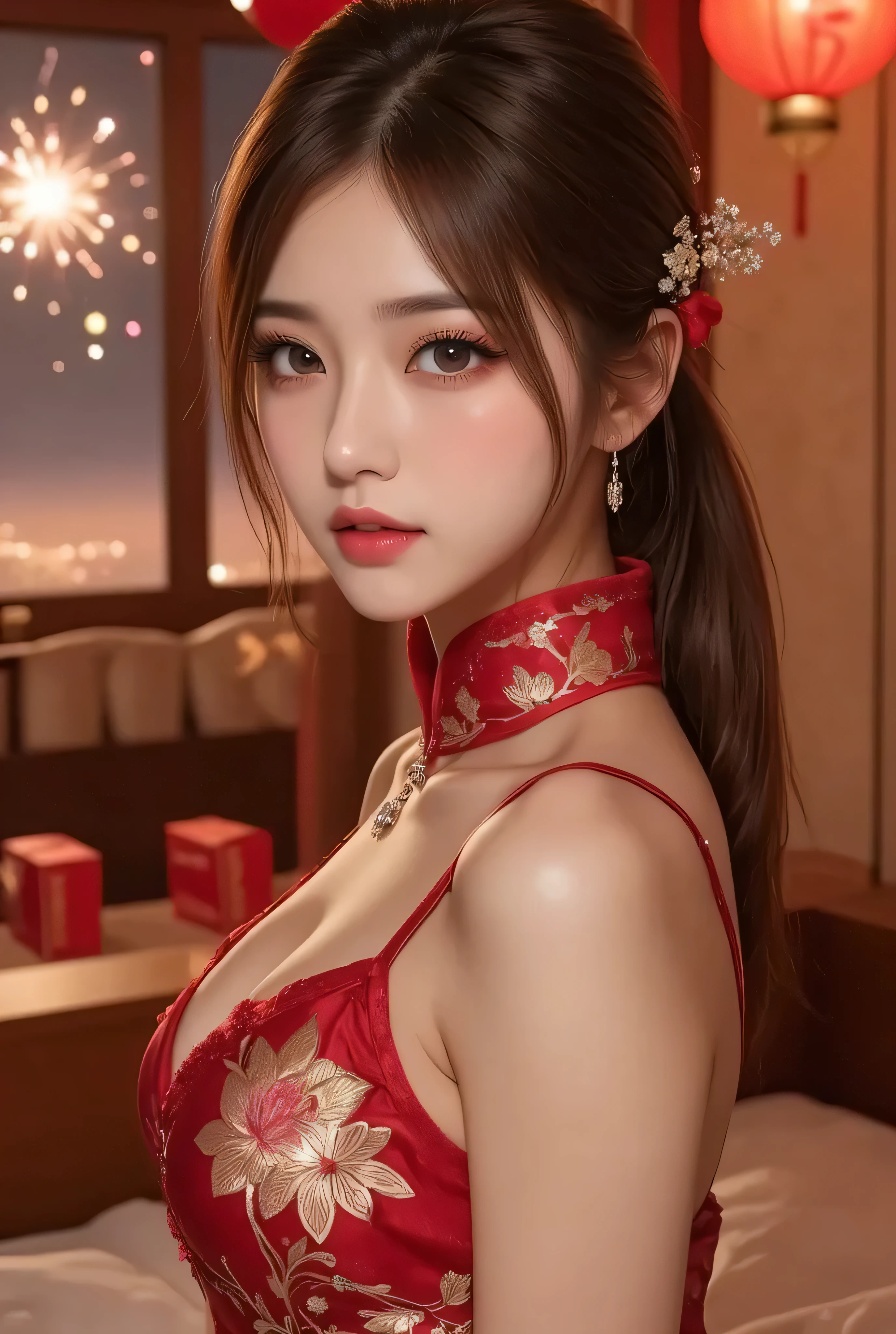 Cat ears、 face up、((( Lying in Bed))) attractive, pretty girl, ponytail、 (( fine facial features , eroticism)), dramatic lighting , realistic , 8k, Dramatic Shadows , intricate and elaborate patterns , super detailed photo , chiaroscuro lighting , Pleasant colors , deep contrast , super real 、 pink lipstick、luxury earrings, luxury necklace, luxury hairpin, warm room、Vintage Fireplace 、 cinematic composition、Close-up of face, A beautiful Korean idol wearing a short random colour cheongsam with golden or silver intricate floral embroidery, standing gracefully in a room filled with traditional Chinese New Year decorations. The room features vibrant red lanterns, decorative calligraphy scrolls, a small Chinese orange tree with golden ornaments, and several red envelopes scattered across the floor and hanging from the tree. Adorable, playful cats are part of the scene—some sitting near the tree, others curiously pawing at the red envelopes or lounging around. Through a window or an open door in the background, vibrant Chinese fireworks light up the night sky in an array of reds, golds, and blues, casting a magical glow into the room. The idol’s outfit is paired with subtle accessories like red hairpins or earrings, complementing the festive look. The atmosphere is warm and lively, filled with the joyful essence of the celebration, enhanced by the shimmering lights of the fireworks and the lively decor.