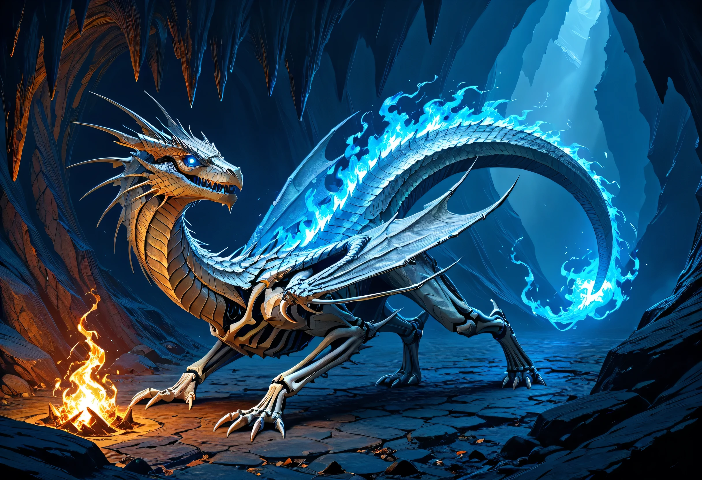 fantasy art, a picture of a skeleton dragon, spread dragon wings, skeletal wings, some silver scales remain, there are blue flames, serpentine eye, dragon cave background, fantasy