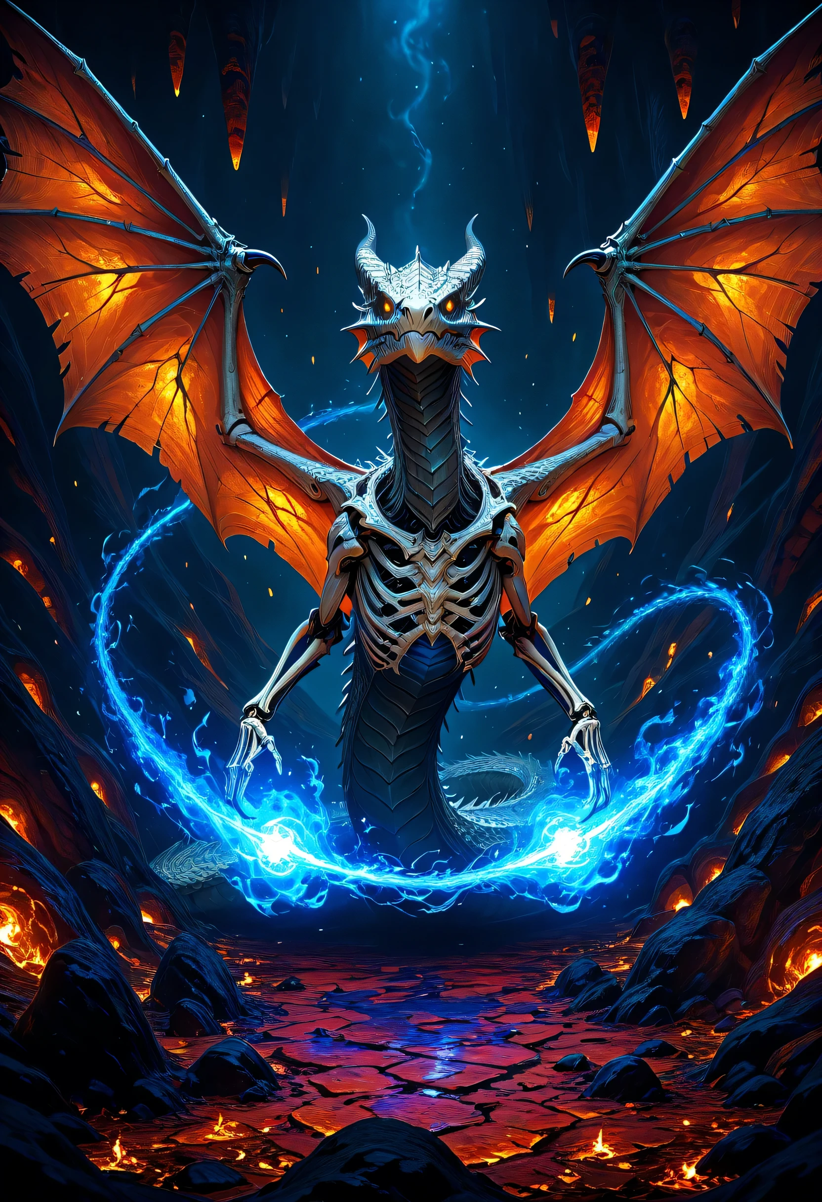 fantasy art, a picture of a skeleton dragon, spread dragon wings, skeletal wings, some silver scales remain, there are blue flames, serpentine eye, dragon cave background, fantasy