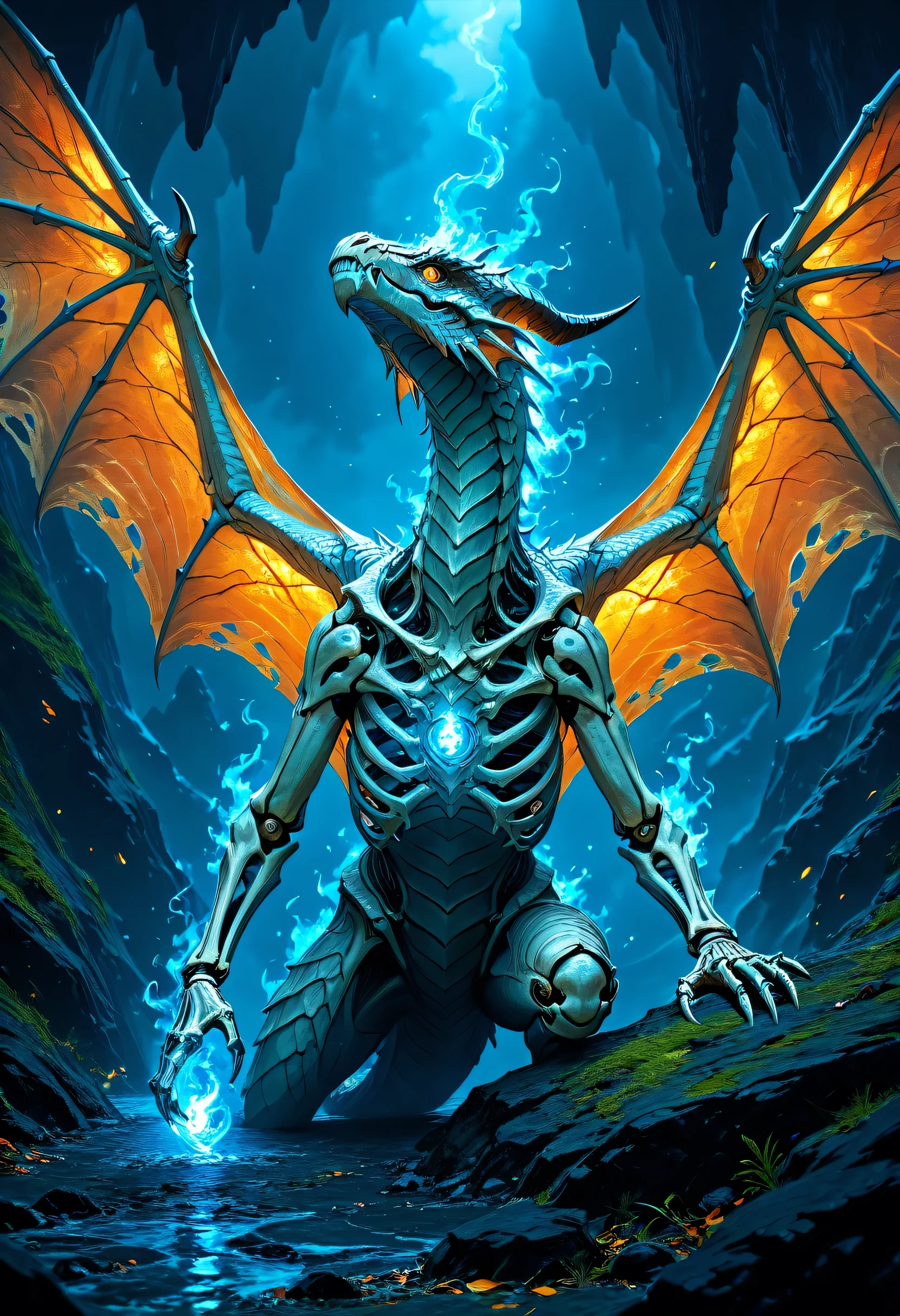 fantasy art, a picture of a skeleton dragon, spread dragon wings, skeletal wings, some silver scales remain, there are blue flames, serpentine eye, dragon cave background, fantasy