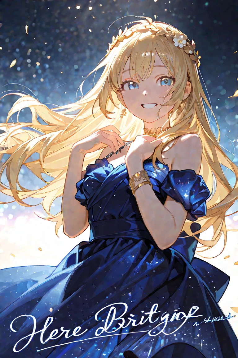 (masterpiece、Highest quality、8k、High resolution)、Best Style、(The most beautiful girl in anime)、(Clear skin、Clean blue eyes、Beautiful lips、Beautiful nose)、smile、Beautiful white upper teeth、Blonde Hair、Ample breasts、Walking on the beach、Palm tree、Beautiful starry sky、milky way、(Body、whole bodyからMystical particles of light、Mystical particles of light、Mystical particles of light、Colorful Light、Vibrant colors)、The area around the head is brightly lit with a mysterious light.、Vibrant colors、(jewelry、necklace)、dress、(whole body)、Highly detailed anime art、A complete portrayal、