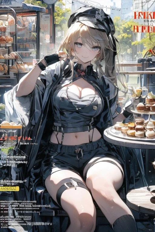 (from below:1.2),(from side:0.9), ((cute Face)), (Close-Up:0.6), ((looking at viewer, holding a icecream)),(Italian sweets magazine cover:0.4), highest quality、(real、photorealistic:1.5),(ultra high resolution,dark blue hair,long hair,side ponytail,hair between eyes,bangs, (beret, black jacket, open clothes, cleavage, midriff, black shorts, black thighhighs, thigh strap, fingerless gloves, single glove:1.2), (double breasted,under bust:1.2), sitting at a table, cute, anime visual of a cute girl, cute anime girl, eating cakes, young anime girl, guweiz, high quality anime artstyle, anime girl, artwork in the style of guweiz, beautiful anime girl, pretty anime girl, (anime girl), official artwork,(with sparkling eyes and a contagious smile),her thin pubic hair, looking at viewer, pose muy sexy"