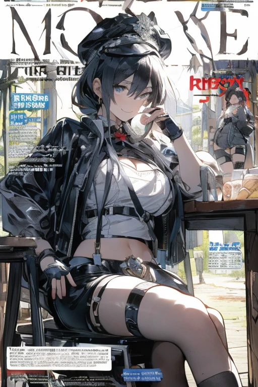 (from below:1.2),(from side:0.9), ((cute Face)), (Close-Up:0.6), ((looking at viewer, holding a icecream)),(Italian sweets magazine cover:1.4), highest quality、(real、photorealistic:1.5),(ultra high resolution, ubel,dark green hair,long hair,side ponytail,hair between eyes,bangs, (beret, black jacket, open clothes, cleavage, midriff, black shorts, black thighhighs, thigh strap, fingerless gloves, single glove:1.2), (double breasted,under bust:1.2), sitting at a table, cute, anime visual of a cute girl, cute anime girl, eating cakes, young anime girl, guweiz, high quality anime artstyle, anime girl, artwork in the style of guweiz, beautiful anime girl, pretty anime girl, (anime girl), official artwork,(with sparkling eyes and a contagious smile),her thin pubic hair, looking at viewer, pose muy sexy"