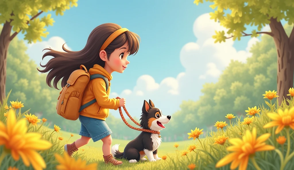 A very charming *********** with a backpack and her cute border collie puppy enjoying a lovely spring outing surrounded by beautiful yellow flowers and nature. The illustration is a high-definition illustration in 4K resolution with highly detailed facial features and cartoon-style visuals.