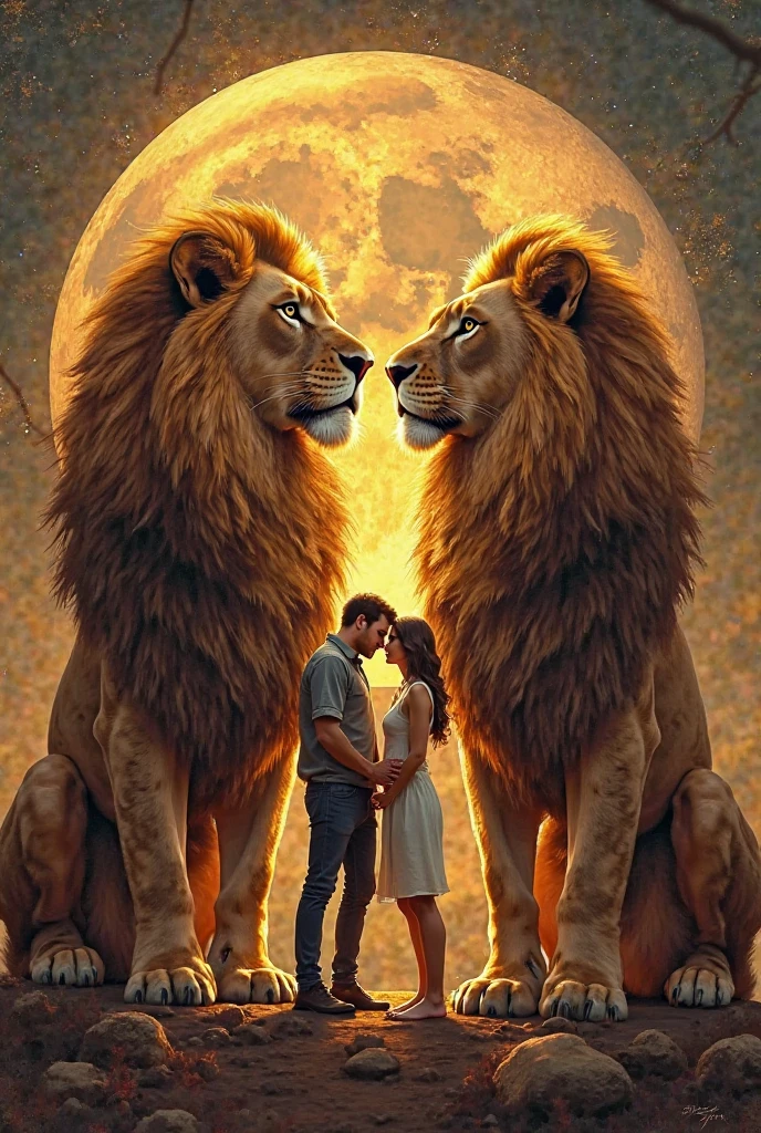 the lion king tenderly hugs the lioness