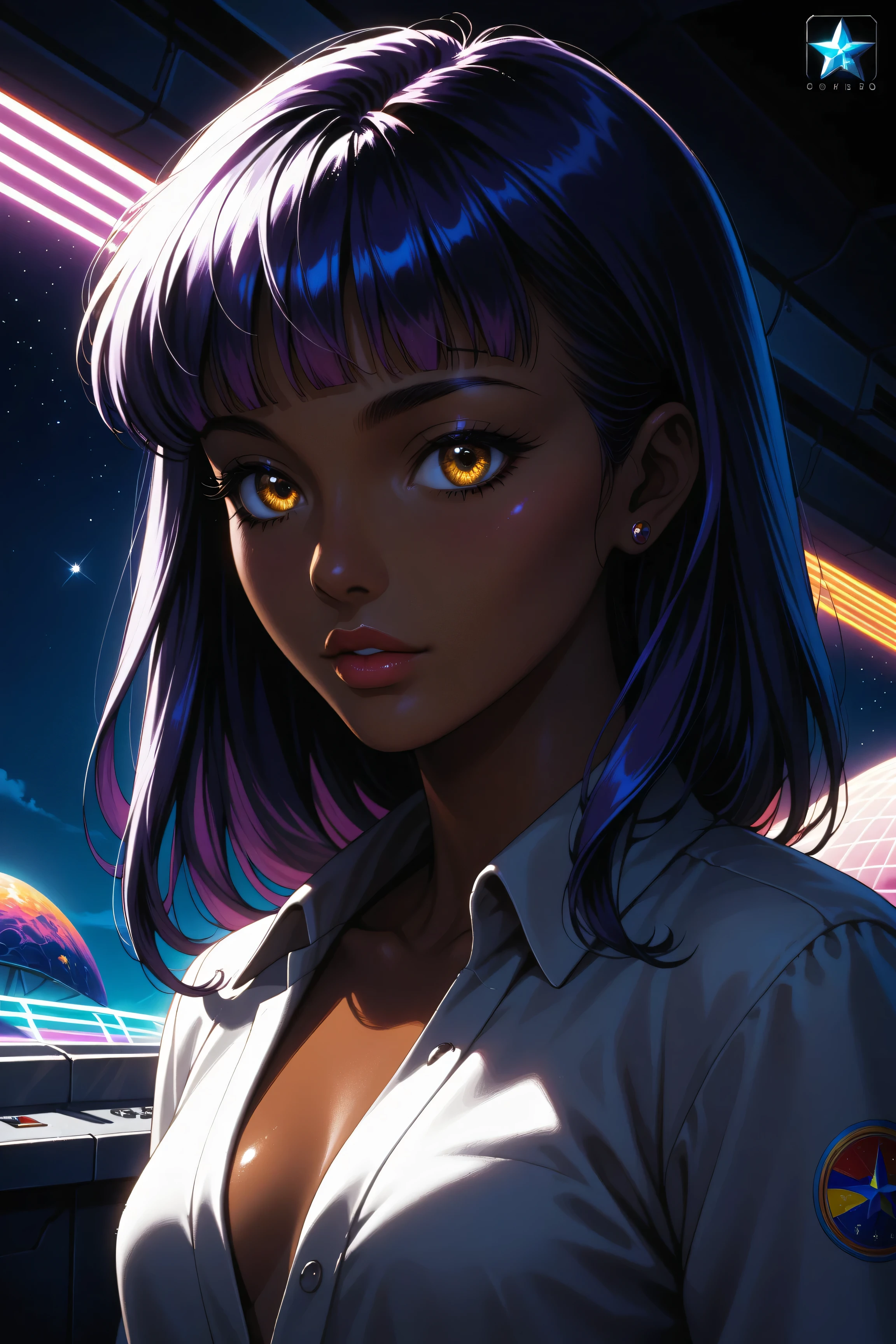 ((best quality)), ((masterpiece)), (detailed), perfect face, dark skin, surreal, in the illustrative style of moebius, spaceships, aliens, fantasy, sci-fi, graphic novel, line drawing, ((japanese retro)), long purple hair, blunt bangs, gold eyes, white tunic, small breasts, cleavage, SYNTHWAVE STYLE DESIGN VIBRANT COLORS, young japanese girl, 60s retro, french art deco, graphic poster design, illustrated anime, purples, golds, shiny skin,