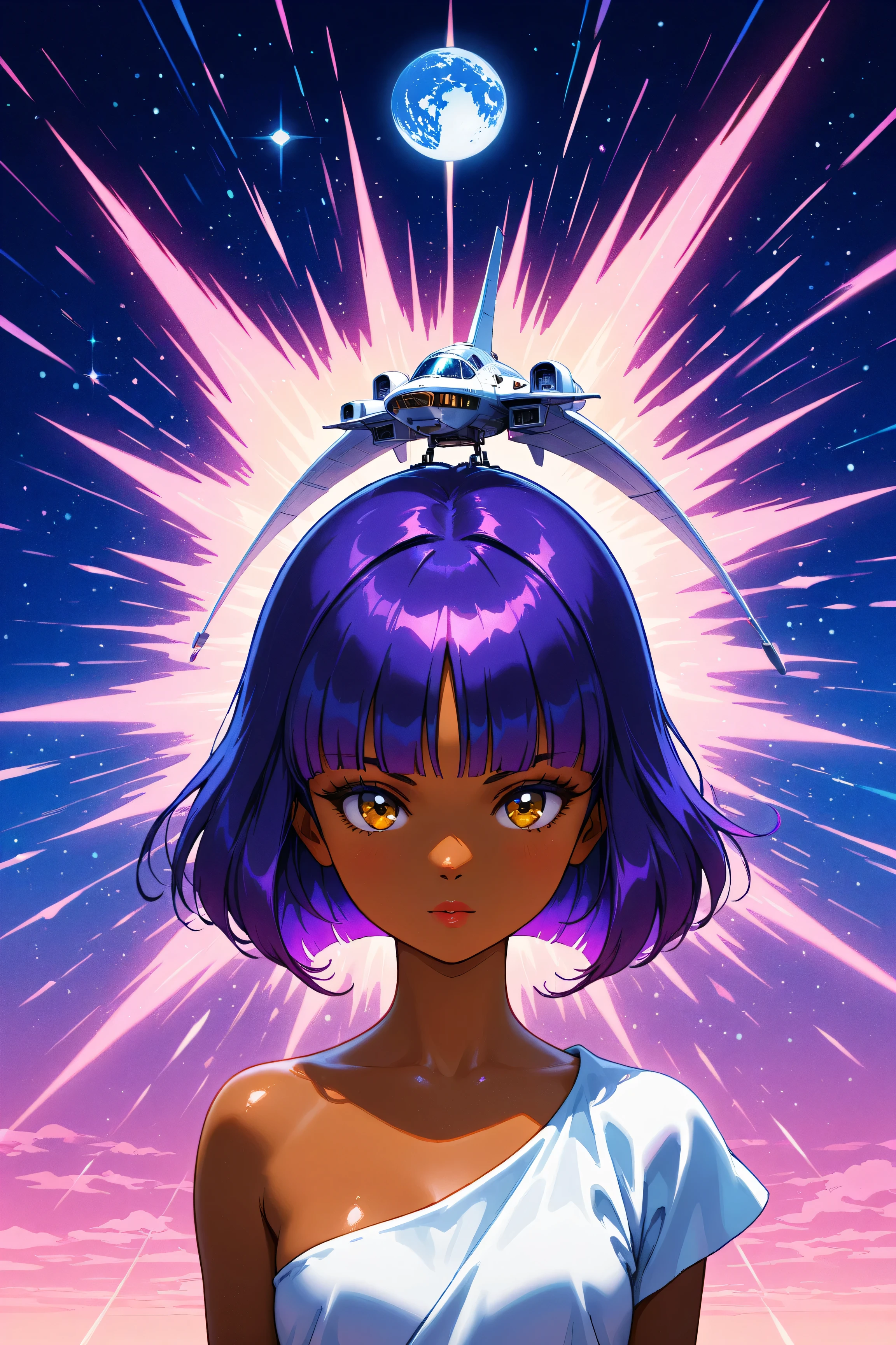 ((best quality)), ((masterpiece)), (detailed), perfect face, dark skin, surreal, in the illustrative style of moebius, spaceships, aliens, fantasy, sci-fi, graphic novel, line drawing, ((japanese retro)), long purple hair, blunt bangs, gold eyes, white tunic, small breasts, cleavage, SYNTHWAVE STYLE DESIGN VIBRANT COLORS, young japanese girl, 60s retro, french art deco, graphic poster design, illustrated anime, purples, golds, shiny skin,