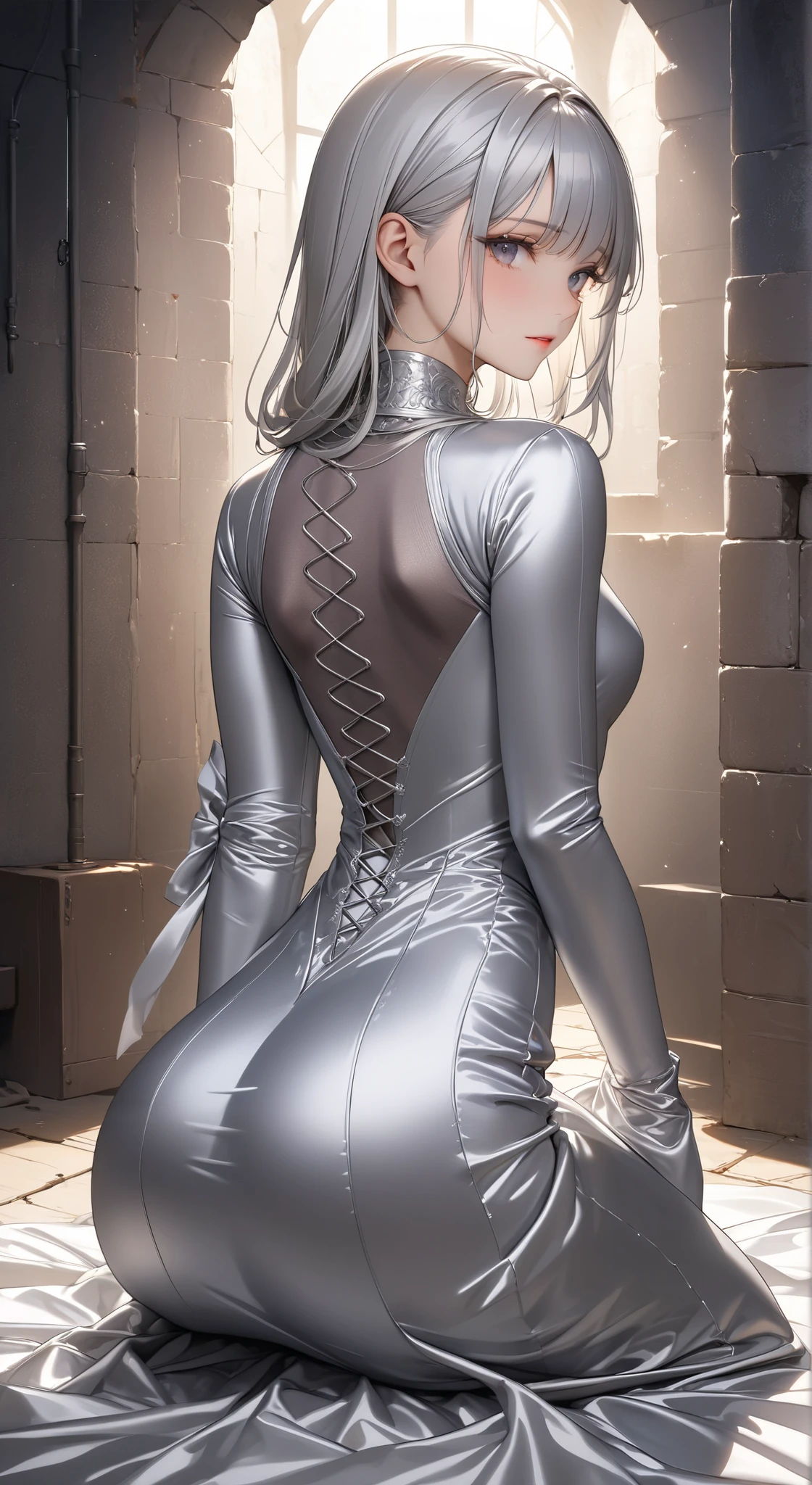  portrait、god々Shining light、( masterpiece, top quality,  Ultra High Resolution ),Extremely detailed CG, back of Japanese woman with pale silver hair,(( beautiful face)),(( long sleeve long dress made of pale silver satin))、((The dress has a simple design without embellishments)),Ruffled Skirt、(Well-fitting pale silver satin bodysuit )、pale silver satin gloves, kneeling in a dungeon