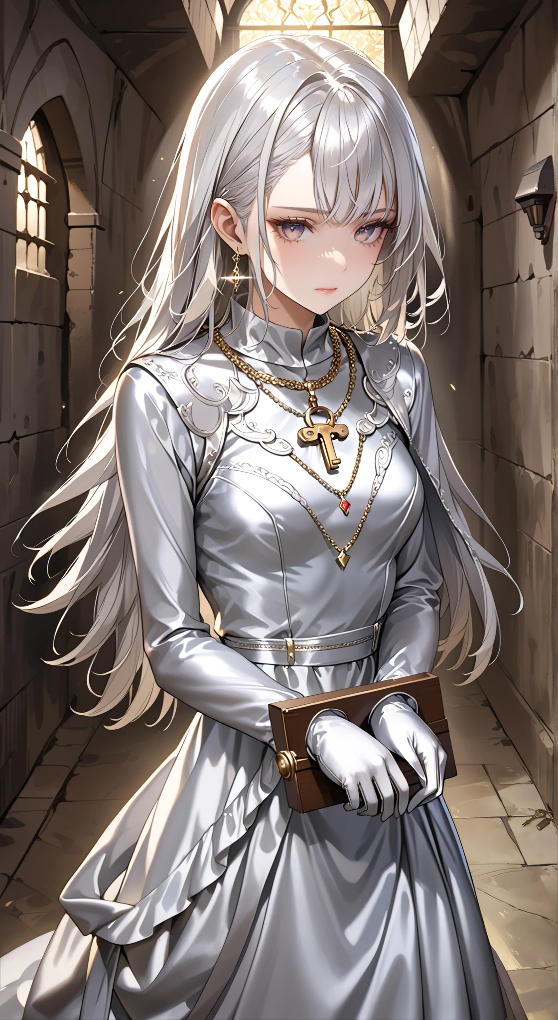 portrait、god々Shining light、( masterpiece, top quality, Ultra High Resolution ),Extremely detailed CG, Japanese woman with pale silver hair,(( beautiful face)),(( long sleeve long dress made of pale silver satin))、((The dress has a simple design without embellishments)),Ruffled Skirt、(Well-fitting pale silver satin bodysuit )、pale silver satin gloves, (wearing a simple key on a golden necklace ), walking down a dungeon corridor