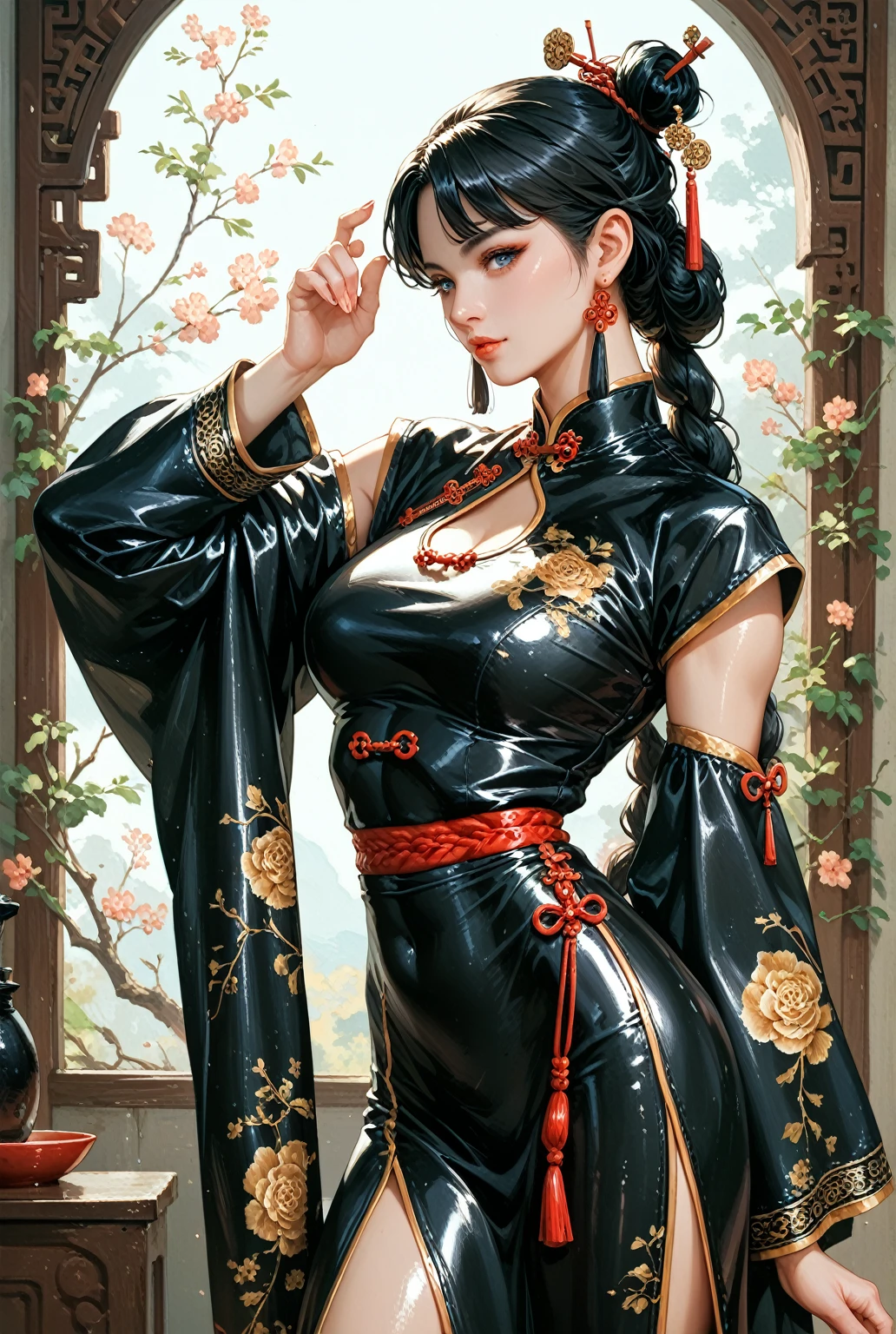 ((masterpiece)), (realistic), illustrations, solo, (original), (very detailed wallpaper), photographic reality, very detailed illustrations, (super-complex detail), (delicate face), perfect detail features, perfect detail, (super complex details), (best lighting), 1girl, (mid shot:1.3), ((traditional:1.5), (Chinese:1.2), (zombie girl:1.3), (ghastly:1.2), (ancient:1.1)), (long black hair:1.1), (sinister smile:1.2), (menacing aura), (zombie crawl), (elaborate hair accessory), (dazzling jewelry), (Chinese courtyard background:1.2), (foggy atmosphere), (mystical lighting:1.1), (HD rendering), (detailed textures), (fine brush strokes), (solo pose:1.1), (exquisite dress:1.2), (intricate embroidery:1.1), (ghoulish makeup:1.2), (decorative hairpin), (clawed hands),The Chinese zombie girl stood in the misty courtyard, her long black hair flowing down her back. Her sinister smile and menacing aura exuded a sense of fear and terror. She was dressed in an exquisite dress with intricate embroidery, and her ghoulish makeup made her look even more frightening. In her clawed hands, she held a decorative hairpin. Her pose was solo, with one leg bent in a zombie crawl. The elabotate hair accessory and dazzling jewelry she wore enhanced her appearance. The Chinese courtyard background with a foggy atmosphere and mystical lighting added to the ghastly atmosphere. The HD rendering and fine brush strokes brought out the intricate details and textures of her dress and the embroidery.