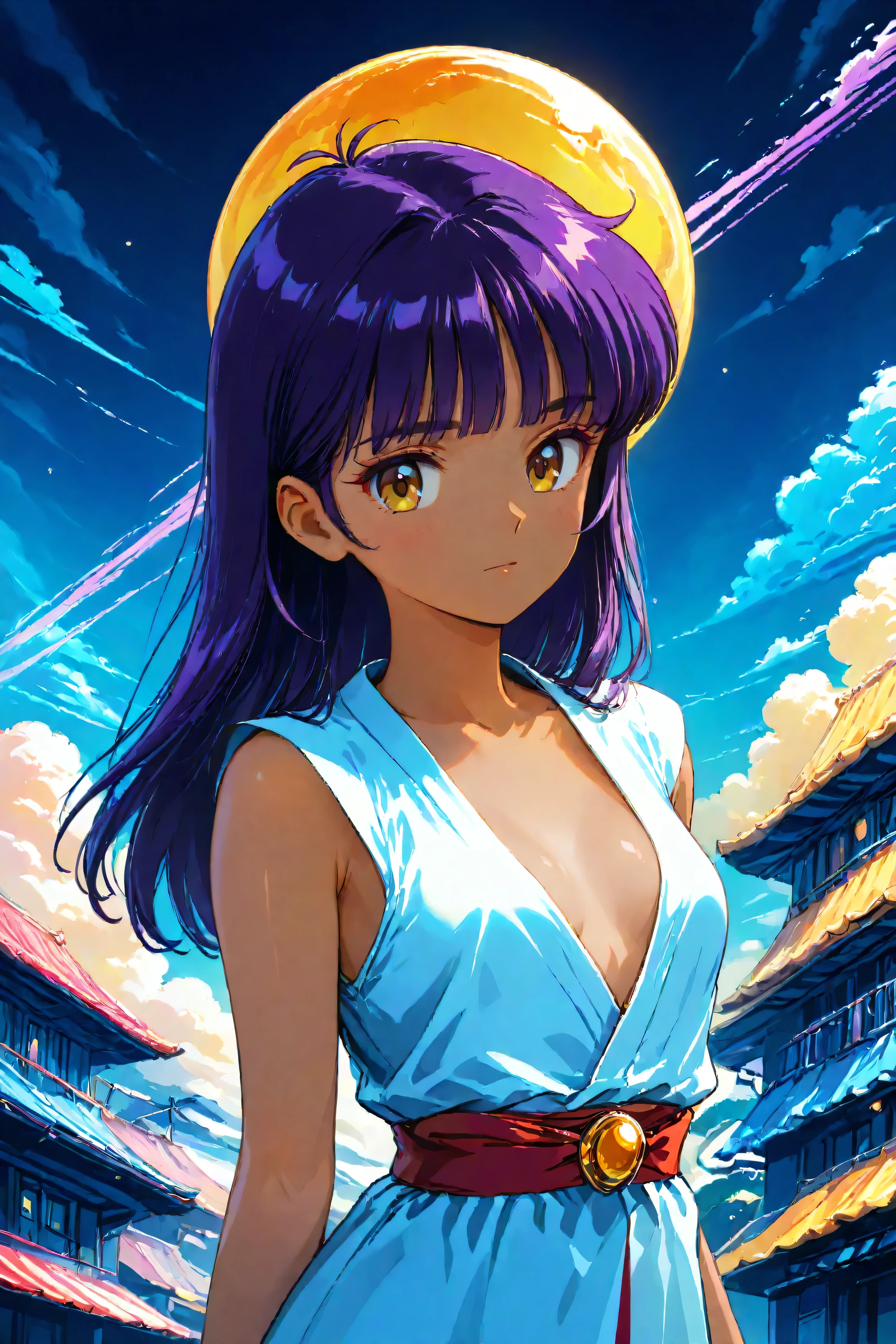 ((best quality)), ((masterpiece)), (detailed), perfect face, dark skin, surreal, in the illustrative style of moebius, spaceships, aliens, fantasy, sci-fi, graphic novel, line drawing, ((japanese retro)), long purple hair, blunt bangs, gold eyes, white tunic, small breasts, cleavage, SYNTHWAVE STYLE DESIGN VIBRANT COLORS, young japanese girl, 60s retro, french art deco, graphic poster design, illustrated anime, purples, golds, shiny skin,